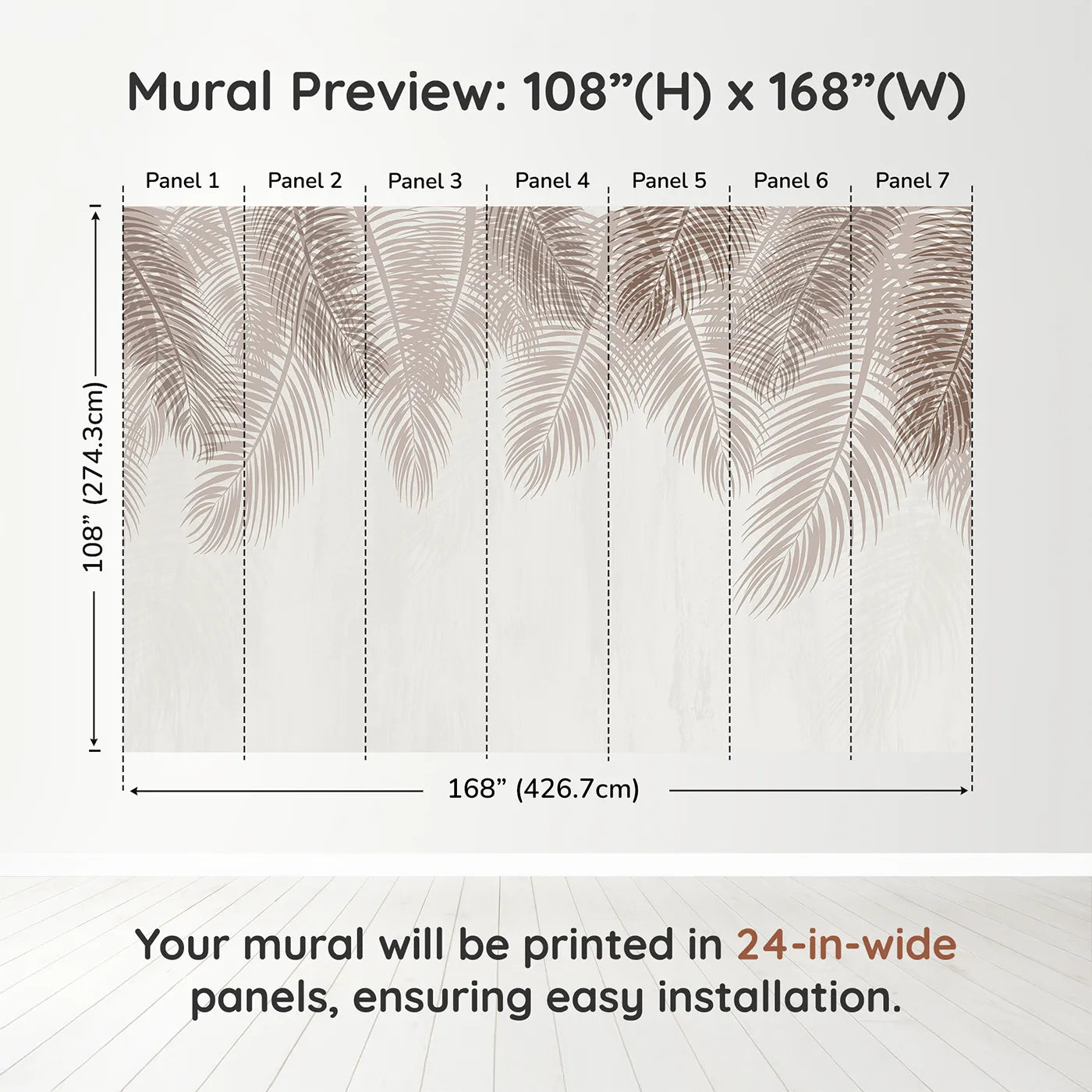 Whimsy Tots Hanging Palm Leaves Wall Mural in Beigedimension view (108" H x 168" W). Printed in seven 24-inch-wide panels. Gender-Neutral