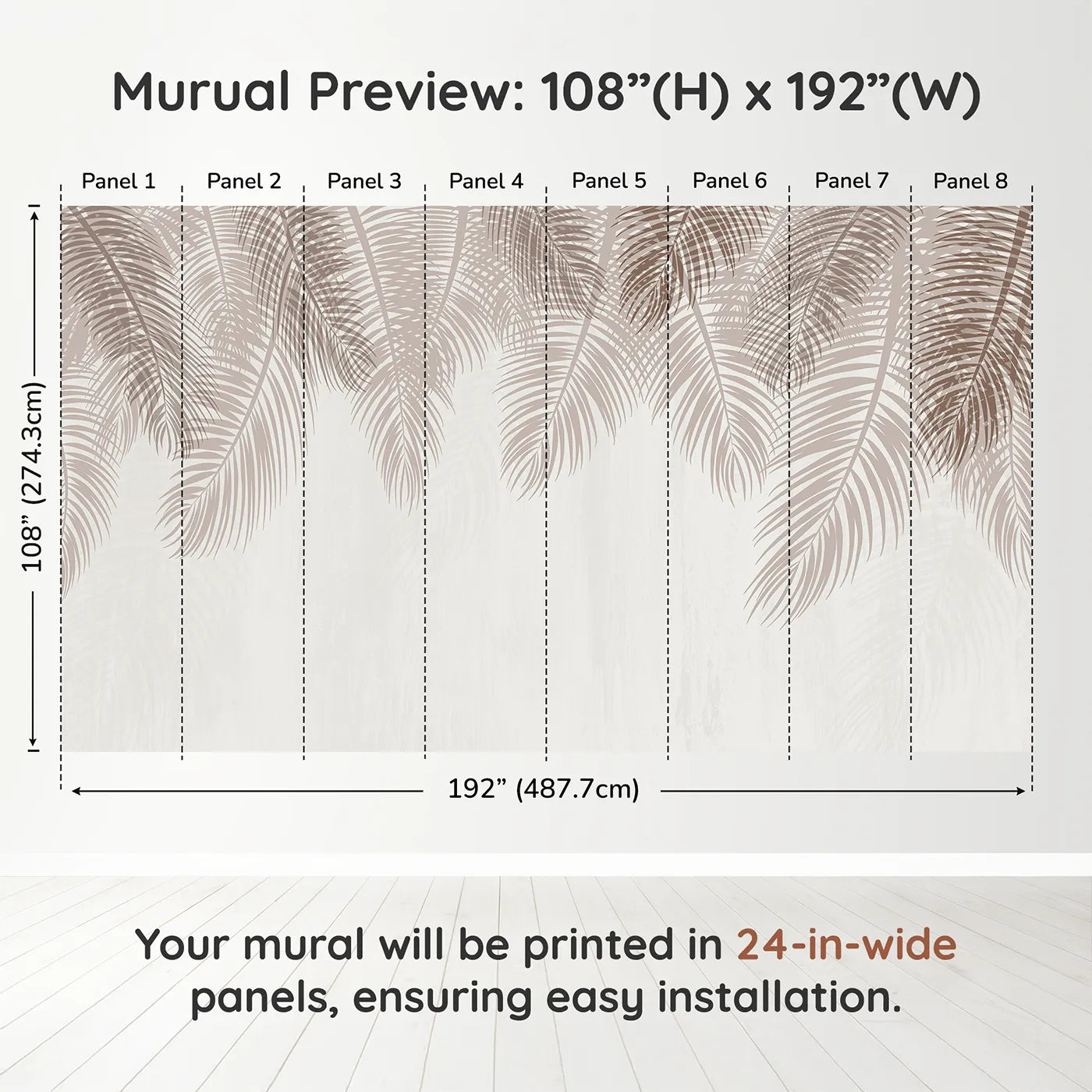 Whimsy Tots Hanging Palm Leaves Wall Mural in Beigedimension view (108" H x 192" W). Printed in eight 24-inch-wide panels. Gender-Neutral