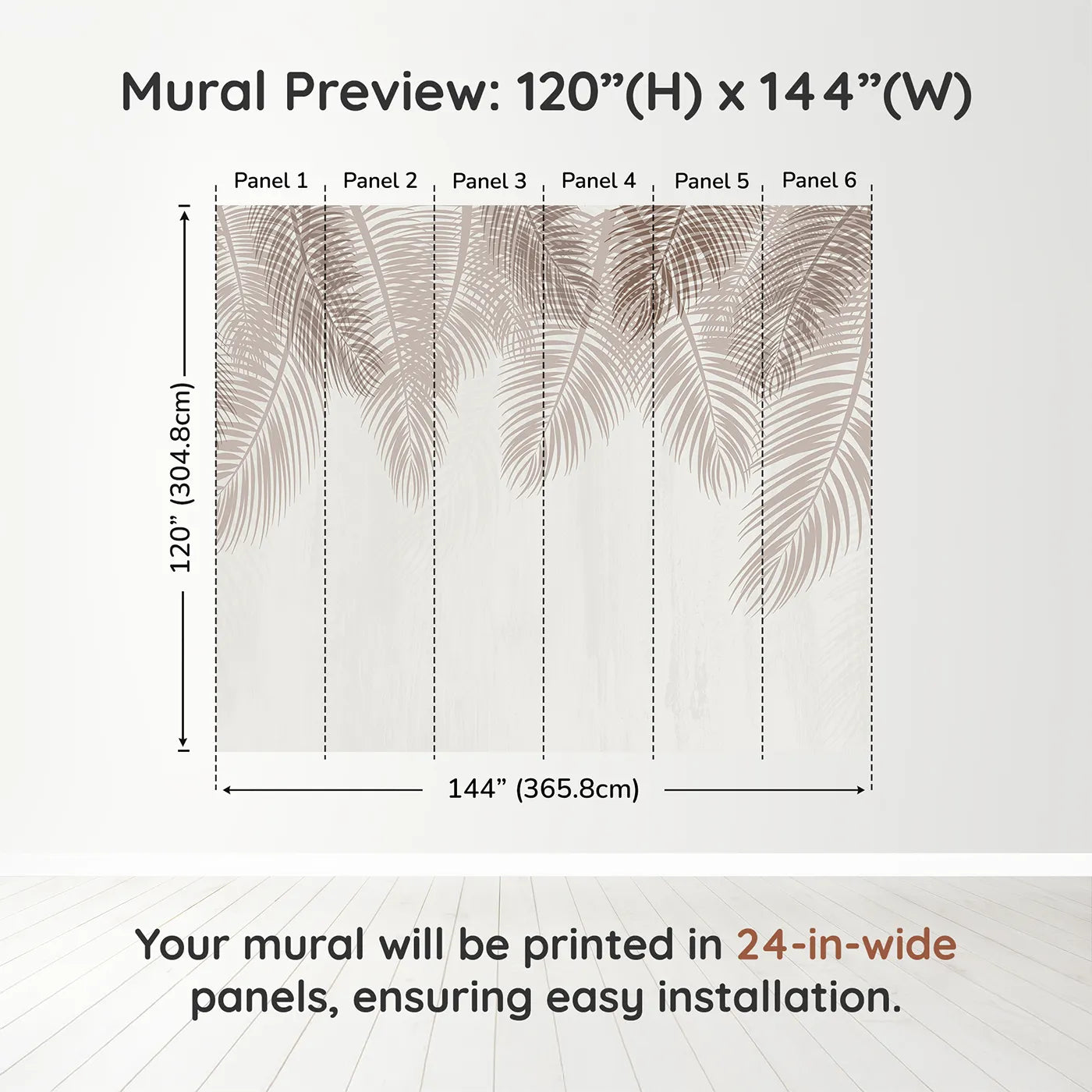 Whimsy Tots Hanging Palm Leaves Wall Mural in Beigedimension view (120" H x 144" W). Printed in six 24-inch-wide panels. Gender-Neutral