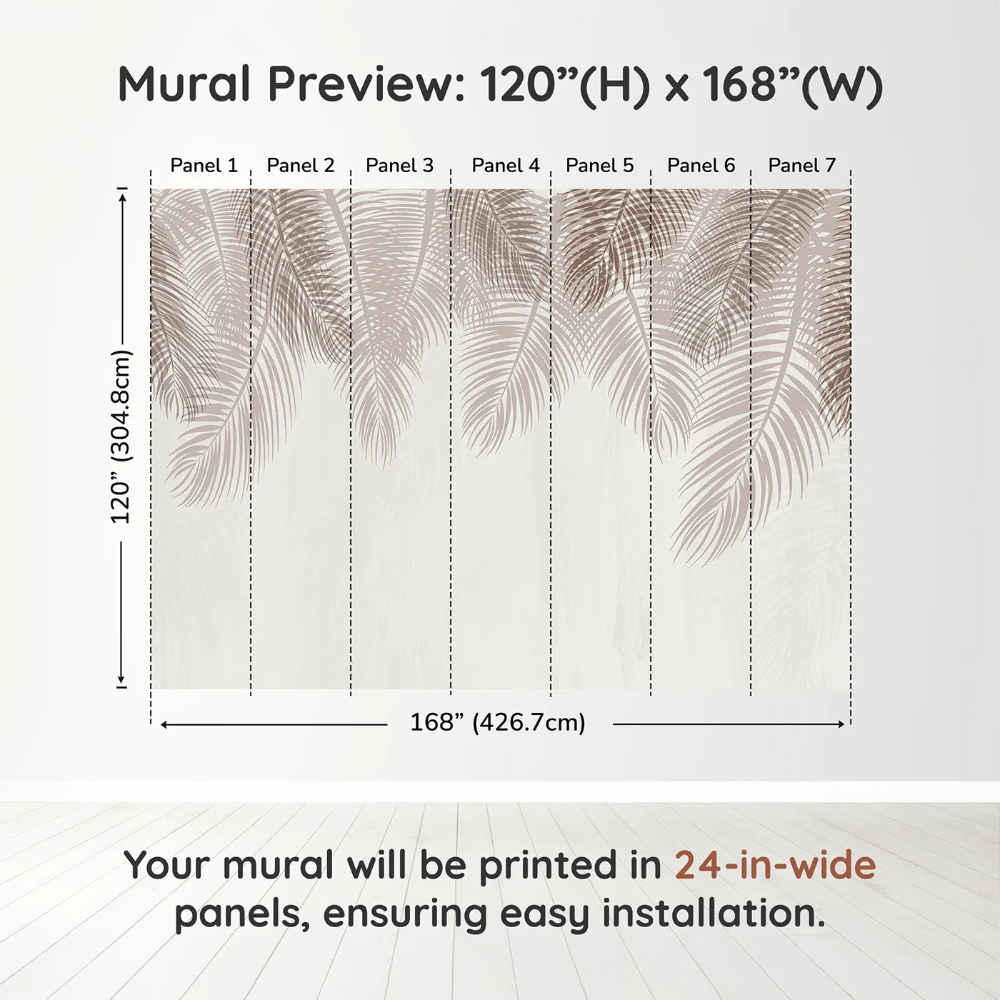 Whimsy Tots Hanging Palm Leaves Wall Mural in Beigedimension view (120" H x 168" W). Printed in seven 24-inch-wide panels. Gender-Neutral