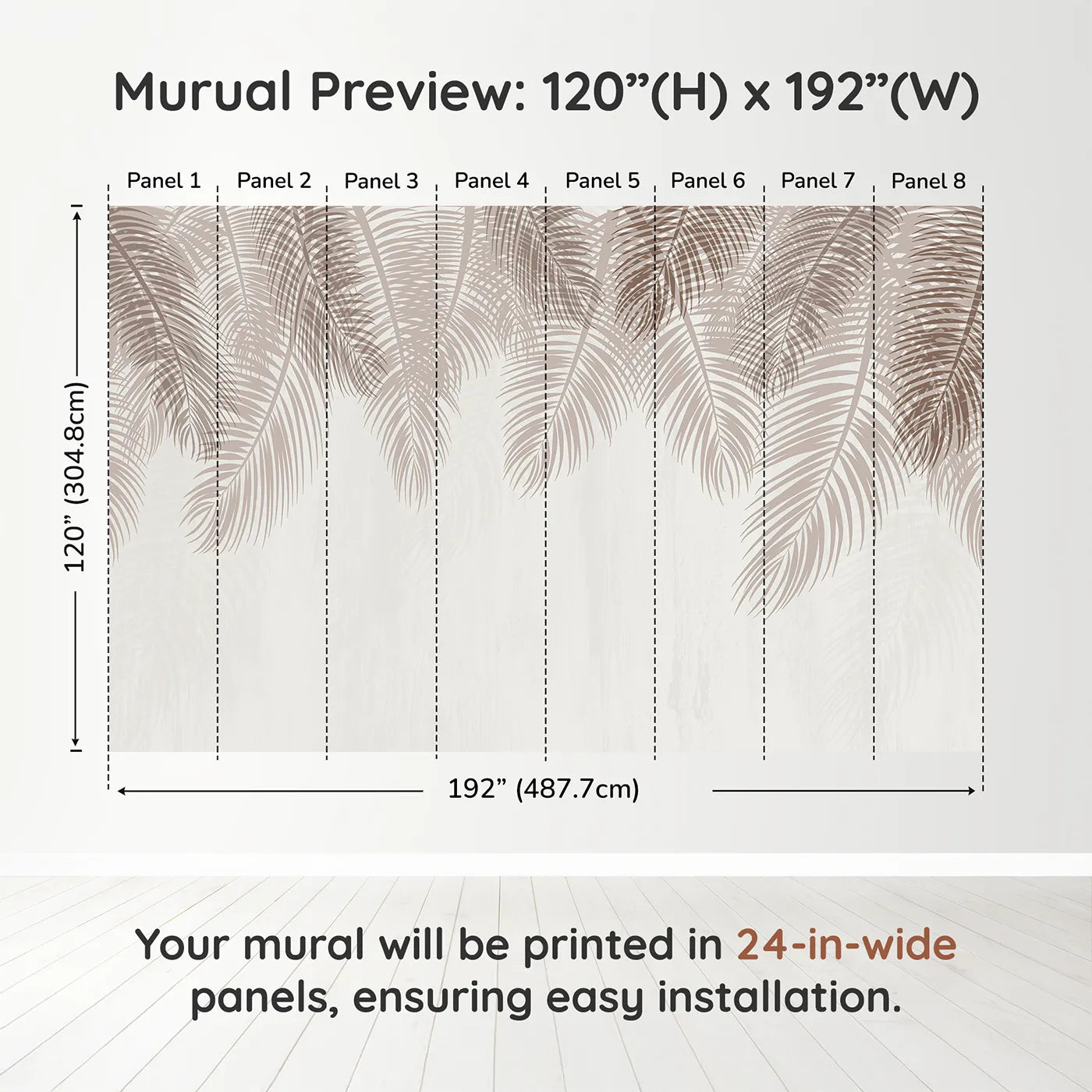 Whimsy Tots Hanging Palm Leaves Wall Mural in Beigedimension view (120" H x 192" W). Printed in eight 24-inch-wide panels. Gender-Neutral