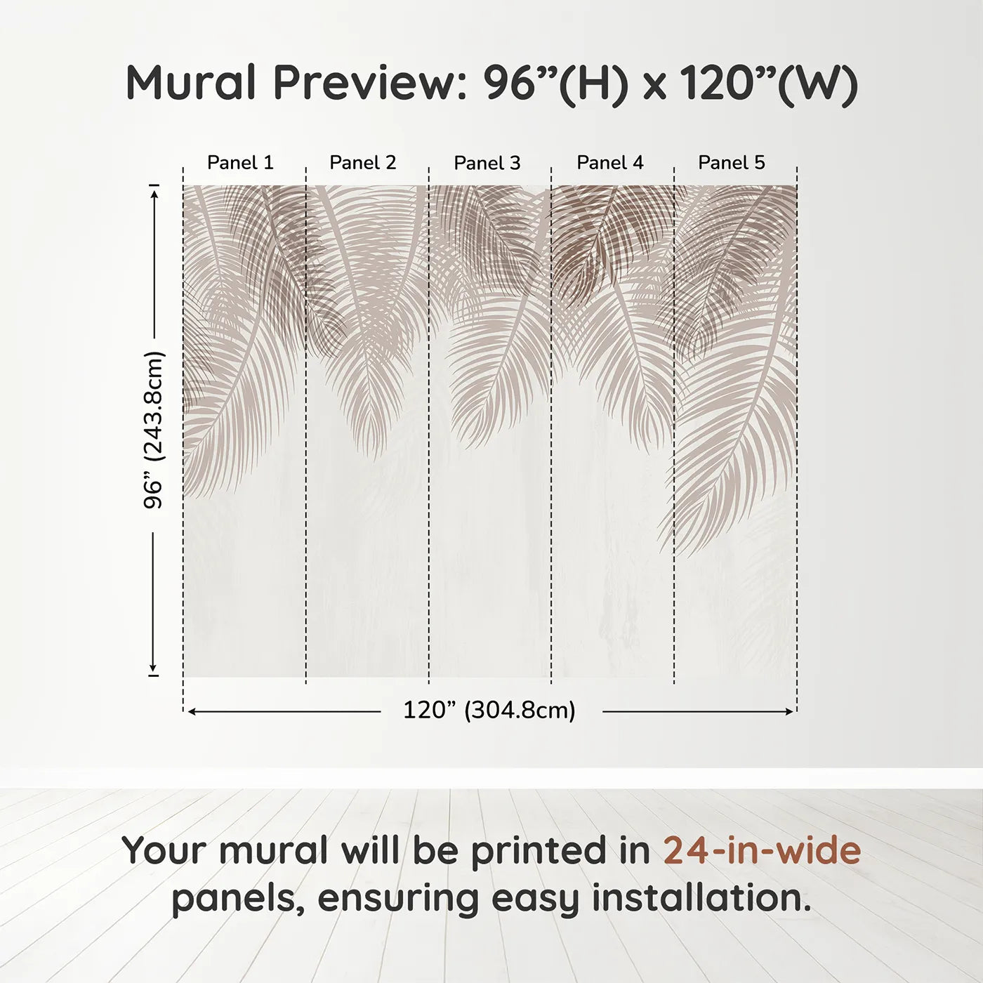Whimsy Tots Hanging Palm Leaves Wall Mural in Beigedimension view (96" H x 120" W). Printed in five 24-inch-wide panels. Gender-Neutral