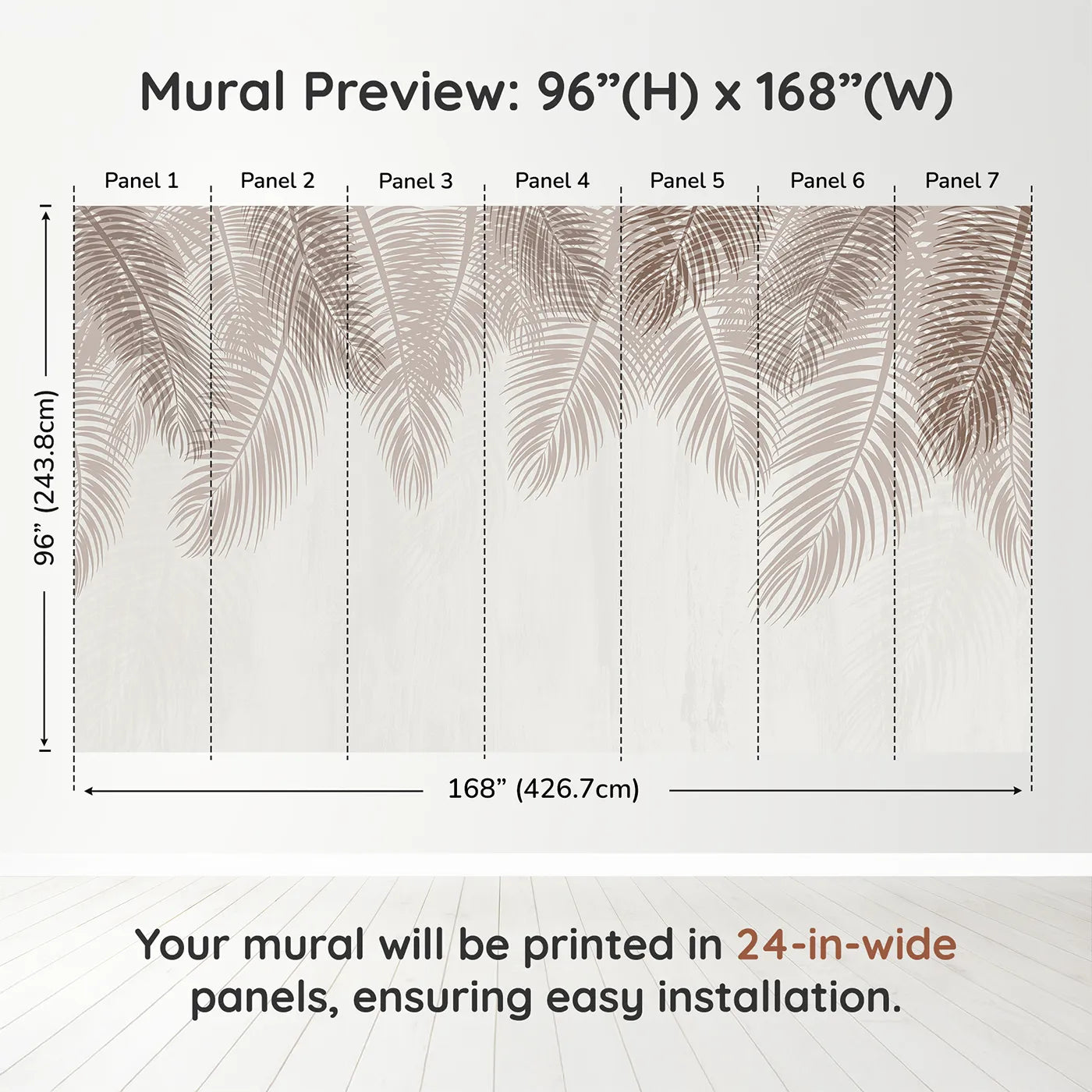 Whimsy Tots Hanging Palm Leaves Wall Mural in Beigedimension view (96" H x 168" W). Printed in seven 24-inch-wide panels. Gender-Neutral