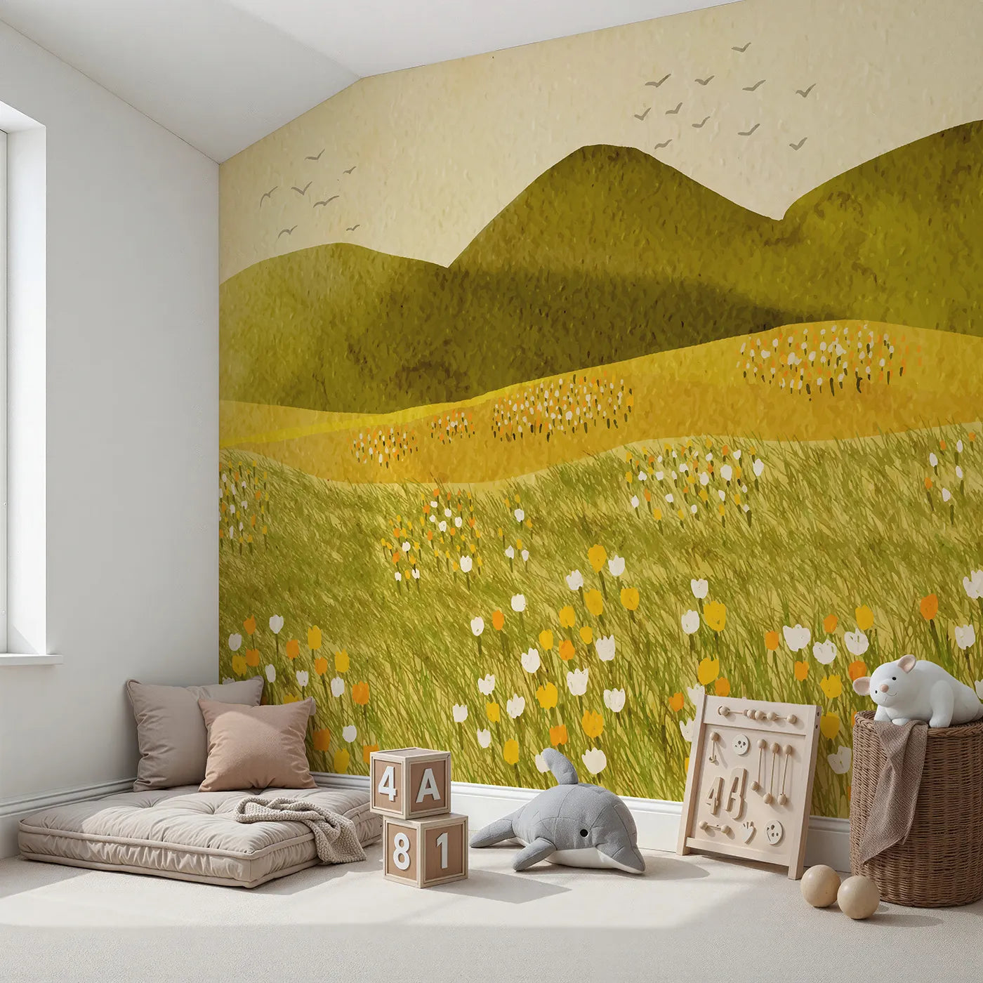 Angled view of Whimsy Tots' Golden Hills Flower Field Wall Mural (Turn Their Room into a Warm and Sunny Painting).Gender-Neutral