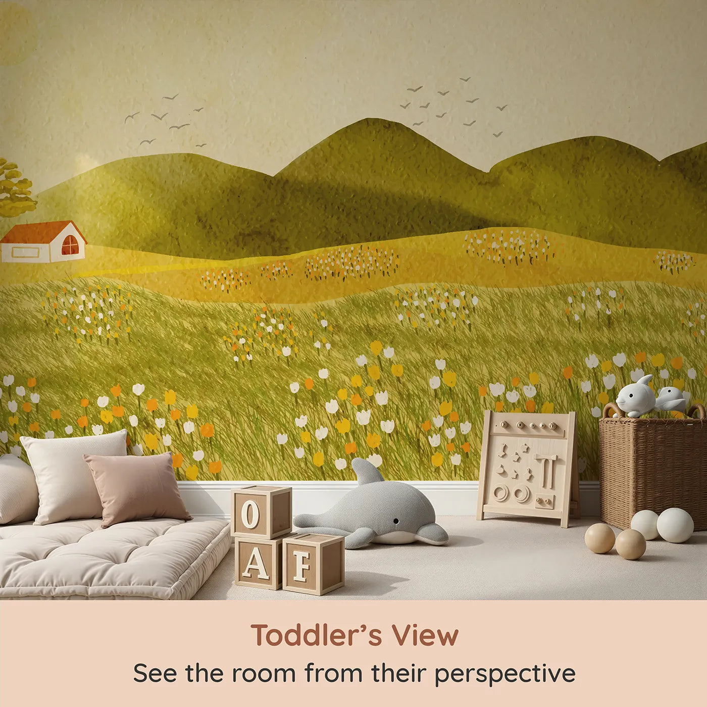 Whimsy Tots Golden Hills Flower Field Wall Mural (Turn Their Room into a Warm and Sunny Painting) from your child's view.Gender-Neutral