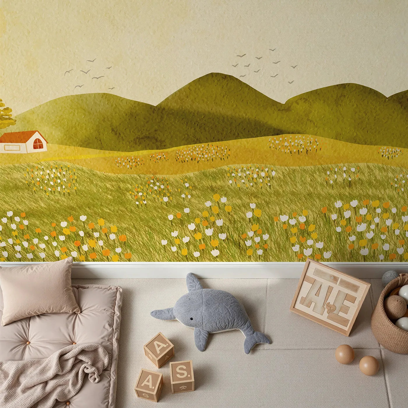 Top-down view of Whimsy Tots' Golden Hills Flower Field Wall Mural (Turn Their Room into a Warm and Sunny Painting).Gender-Neutral