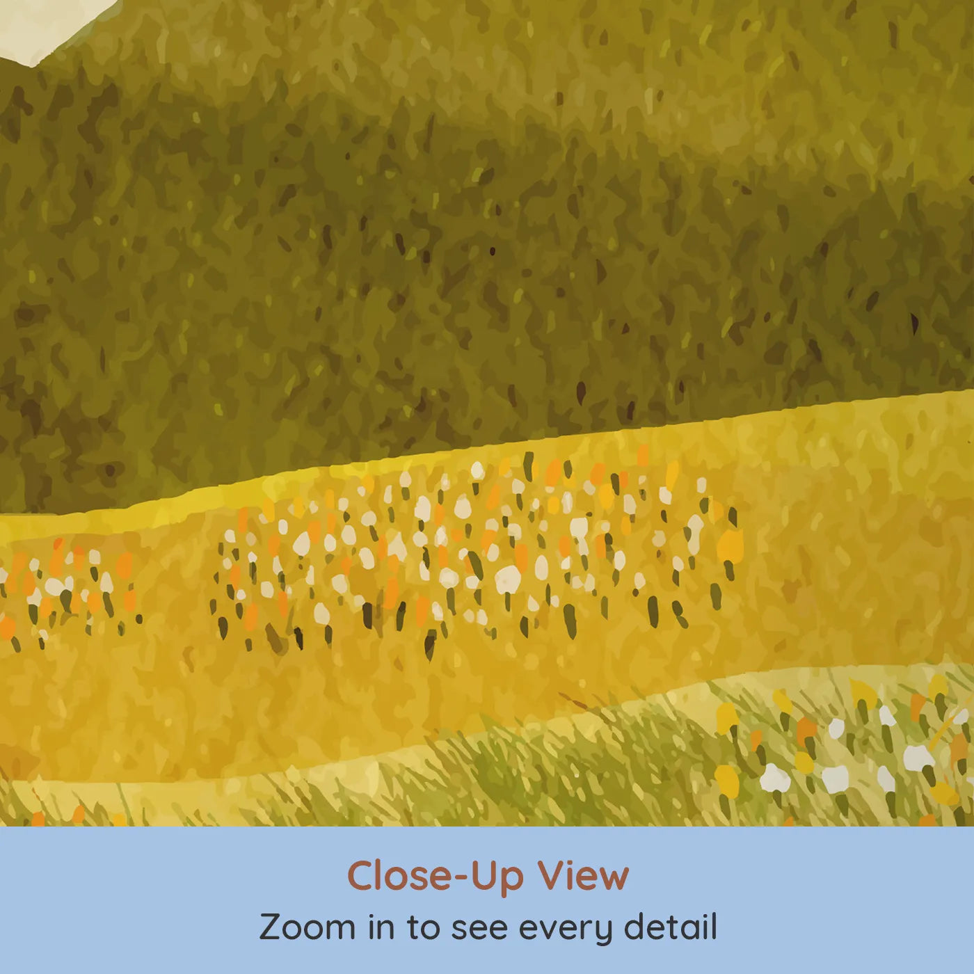 Close-up view of Whimsy Tots' Golden Hills Flower Field Wall Mural (Turn Their Room into a Warm and Sunny Painting).Gender-Neutral
