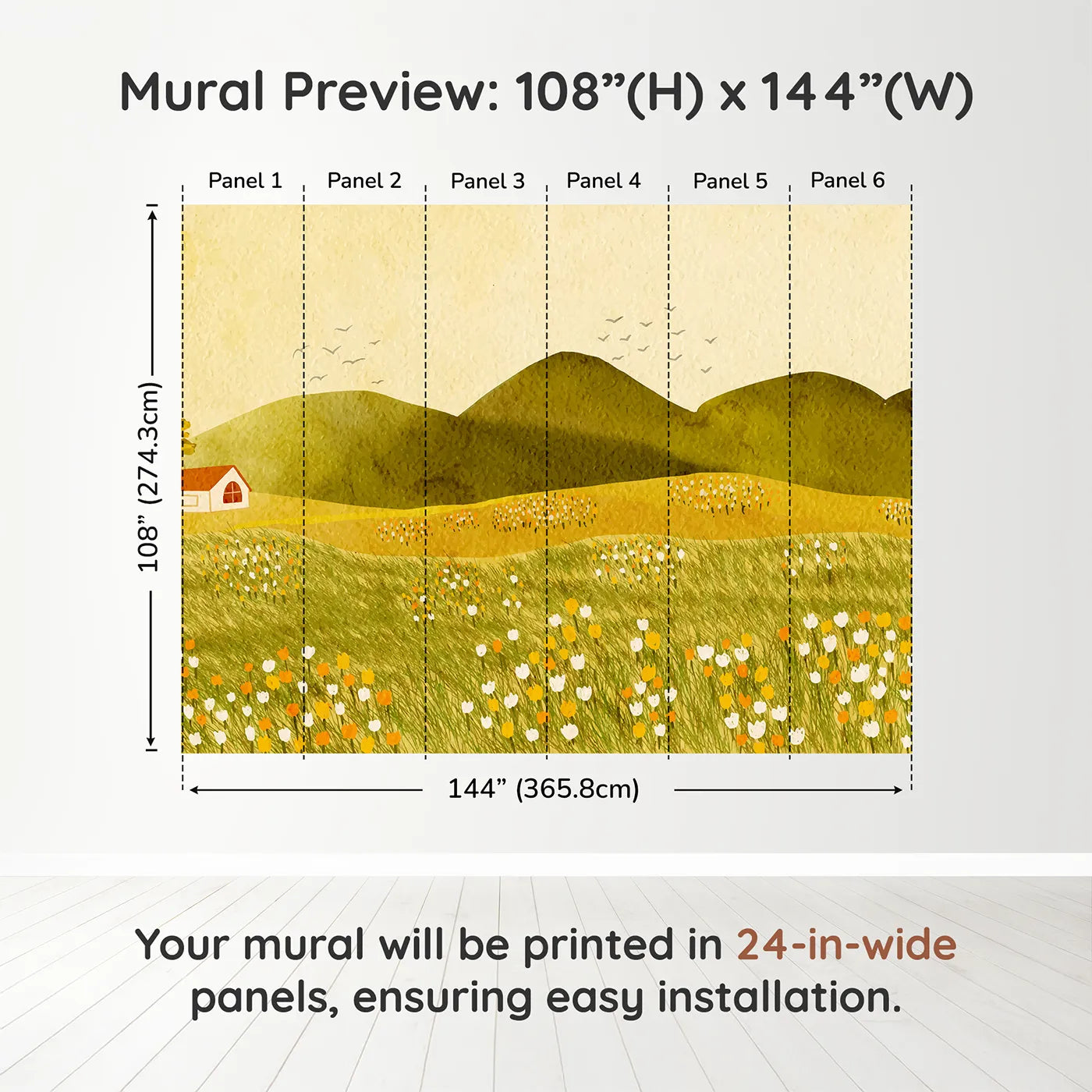 Whimsy Tots Golden Hills Flower Field Wall Muraldimension view (108" H x 144" W). Printed in six 24-inch-wide panels. Gender-Neutral