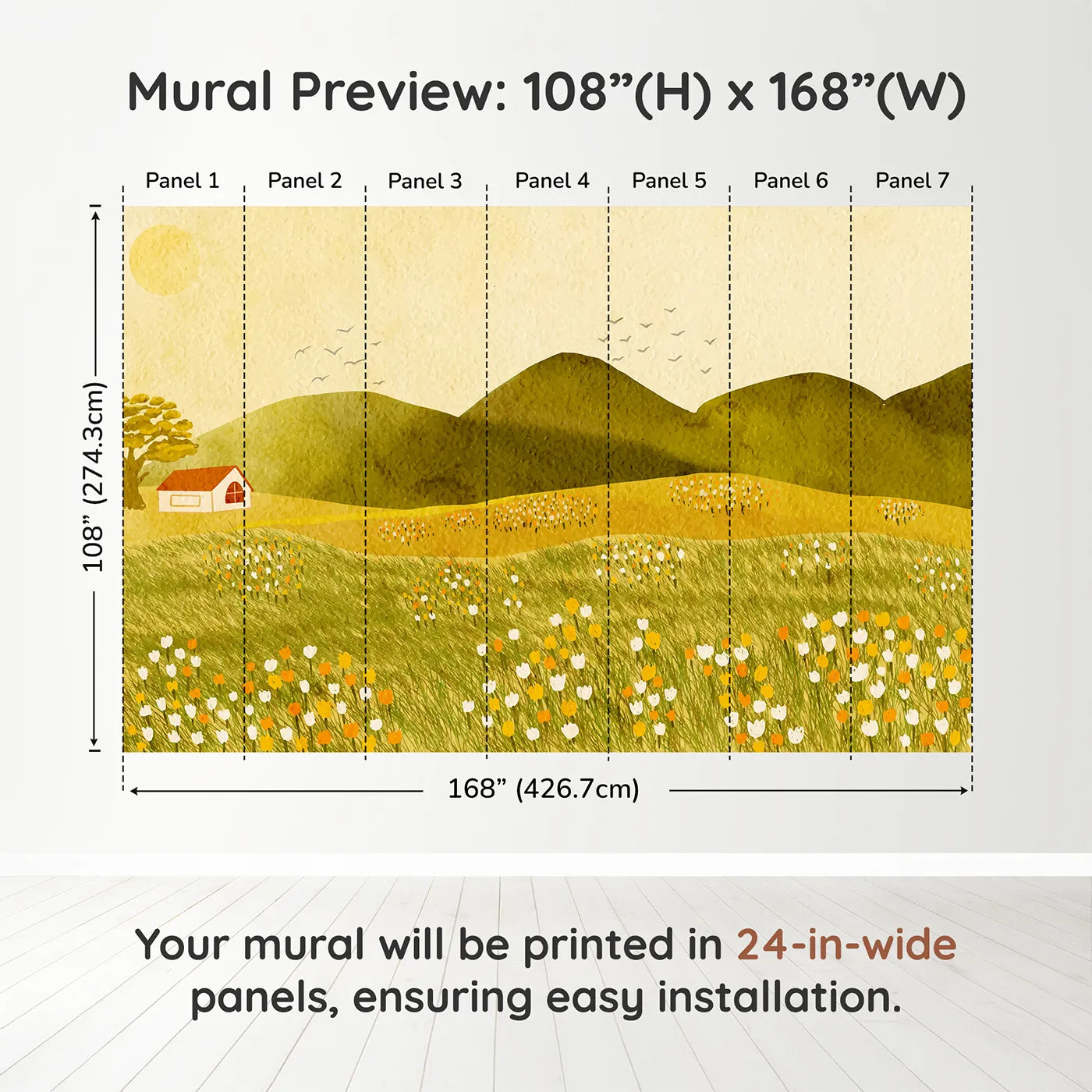 Whimsy Tots Golden Hills Flower Field Wall Muraldimension view (108" H x 168" W). Printed in seven 24-inch-wide panels. Gender-Neutral