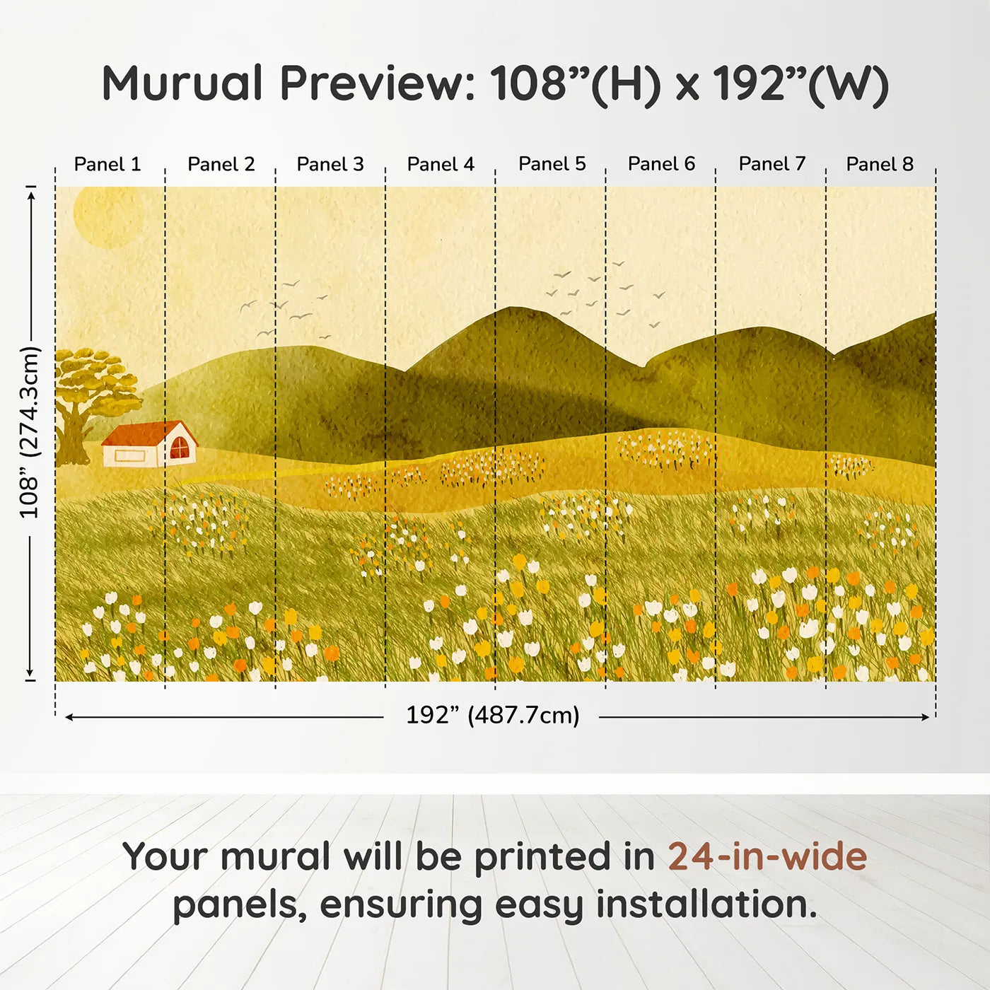 Whimsy Tots Golden Hills Flower Field Wall Muraldimension view (108" H x 192" W). Printed in eight 24-inch-wide panels. Gender-Neutral