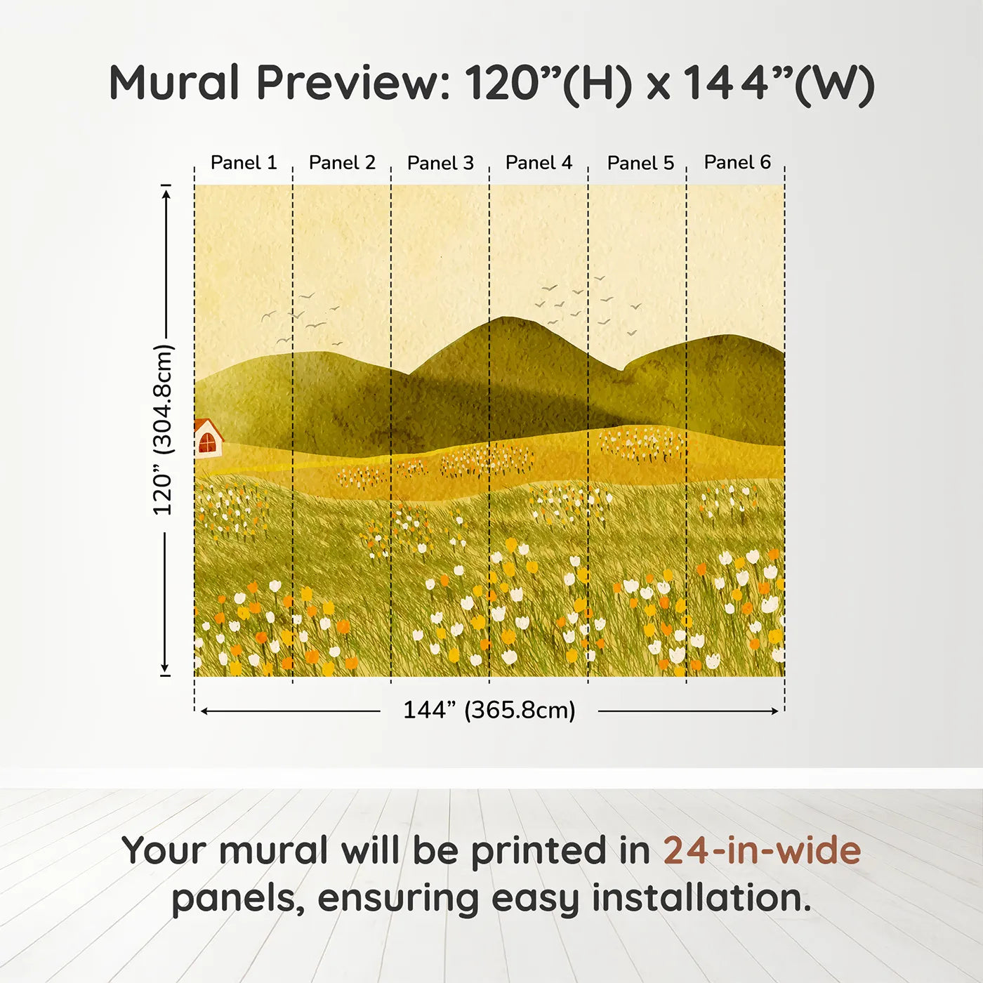 Whimsy Tots Golden Hills Flower Field Wall Muraldimension view (120" H x 144" W). Printed in six 24-inch-wide panels. Gender-Neutral