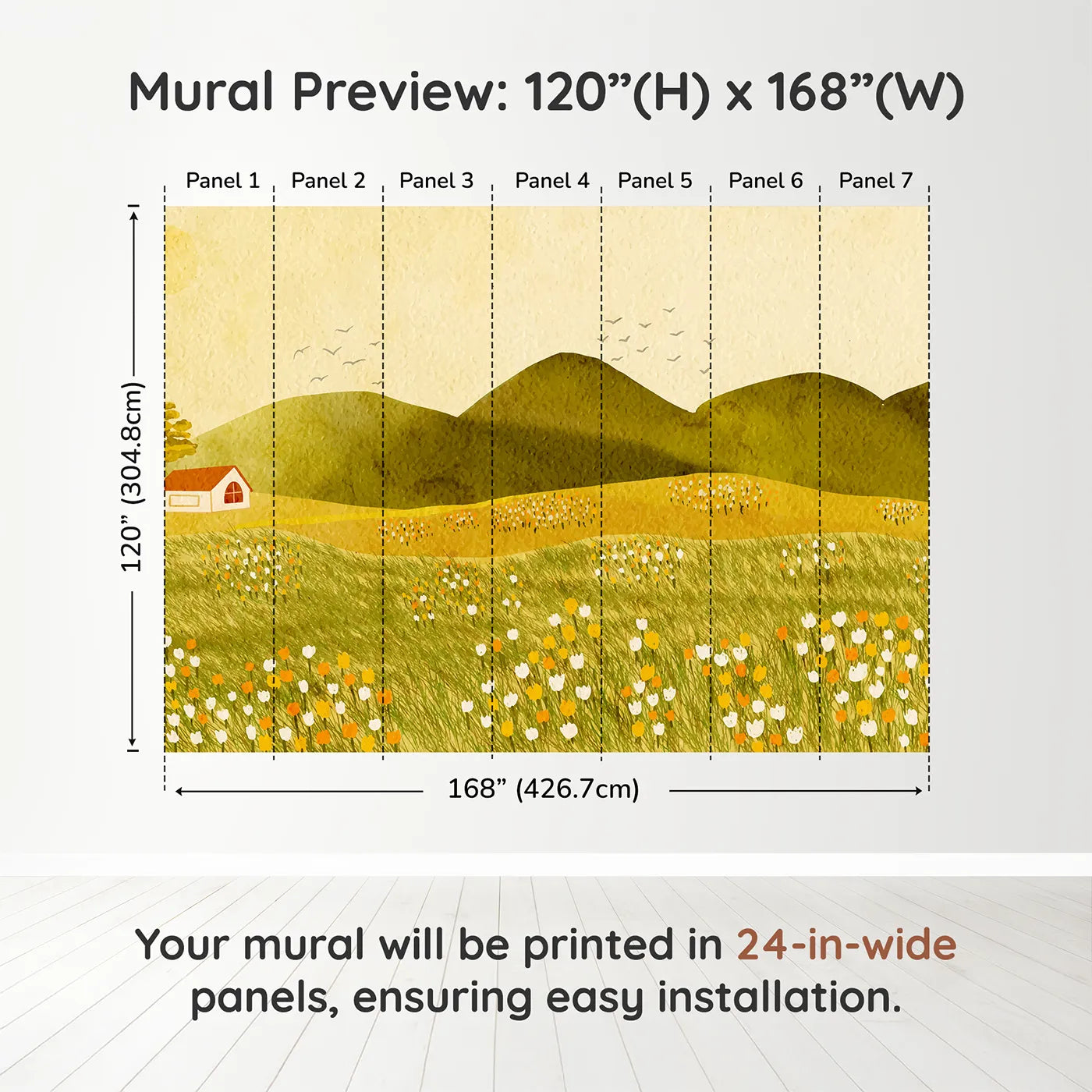 Whimsy Tots Golden Hills Flower Field Wall Muraldimension view (120" H x 168" W). Printed in seven 24-inch-wide panels. Gender-Neutral