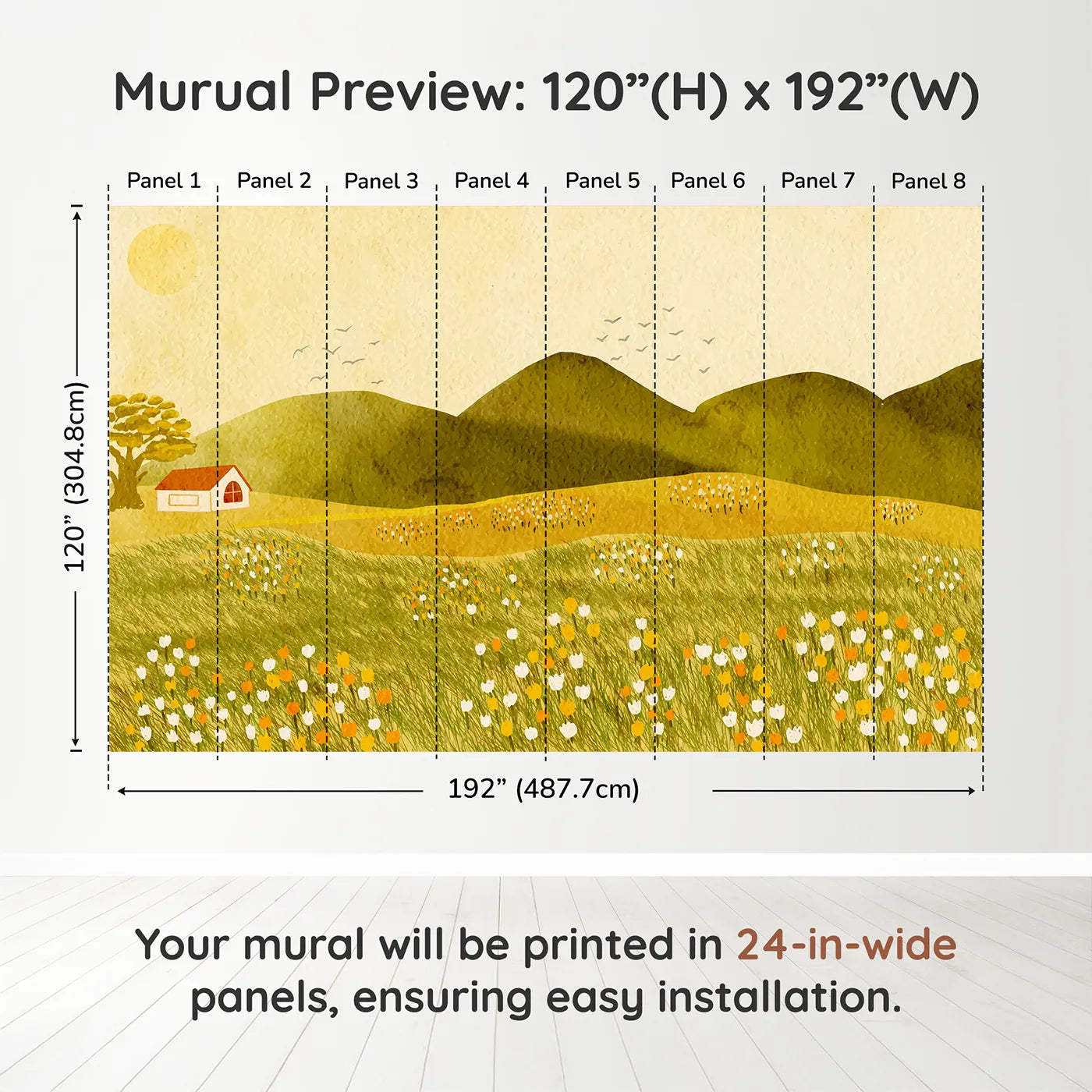 Whimsy Tots Golden Hills Flower Field Wall Muraldimension view (120" H x 192" W). Printed in eight 24-inch-wide panels. Gender-Neutral