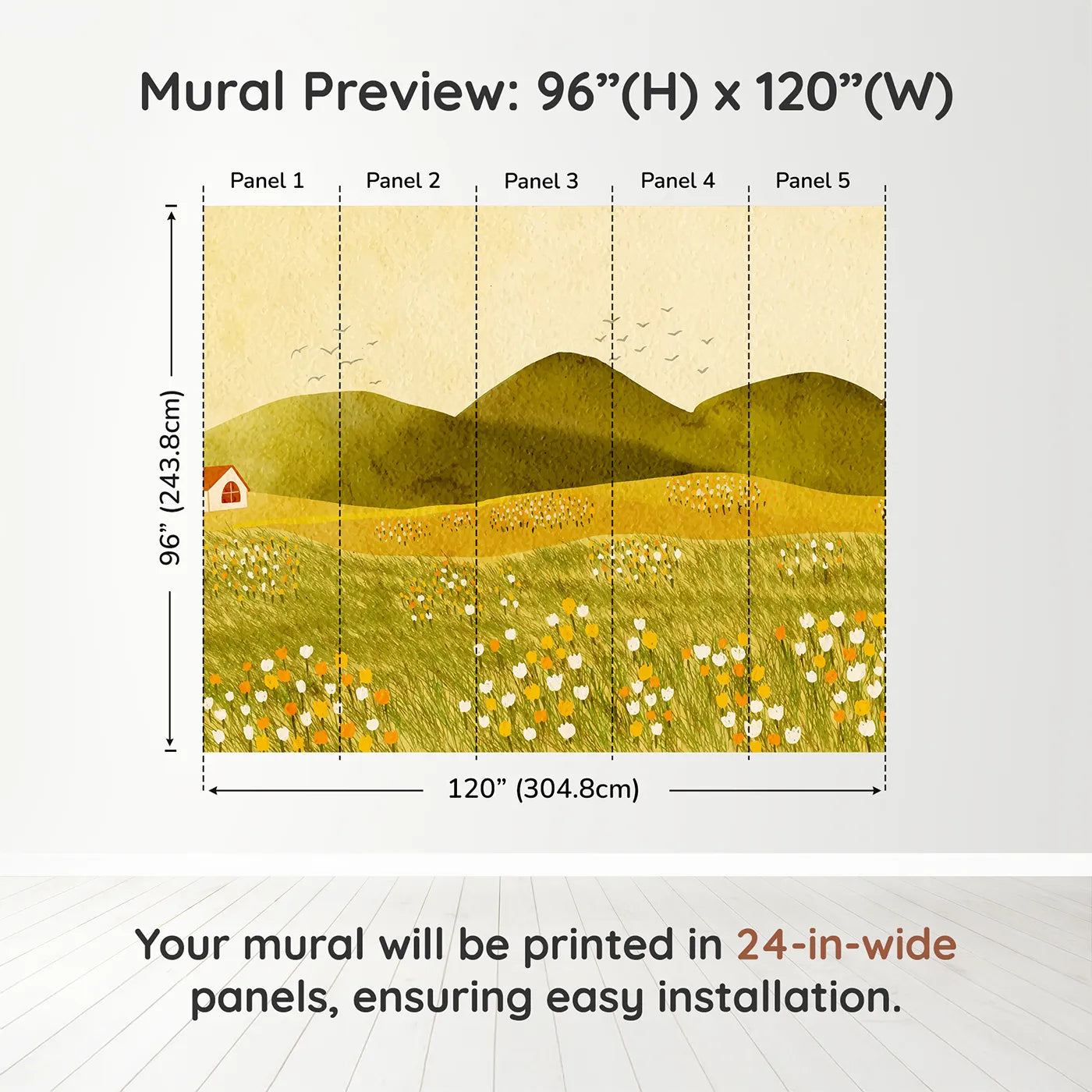 Whimsy Tots Golden Hills Flower Field Wall Muraldimension view (96" H x 120" W). Printed in five 24-inch-wide panels. Gender-Neutral