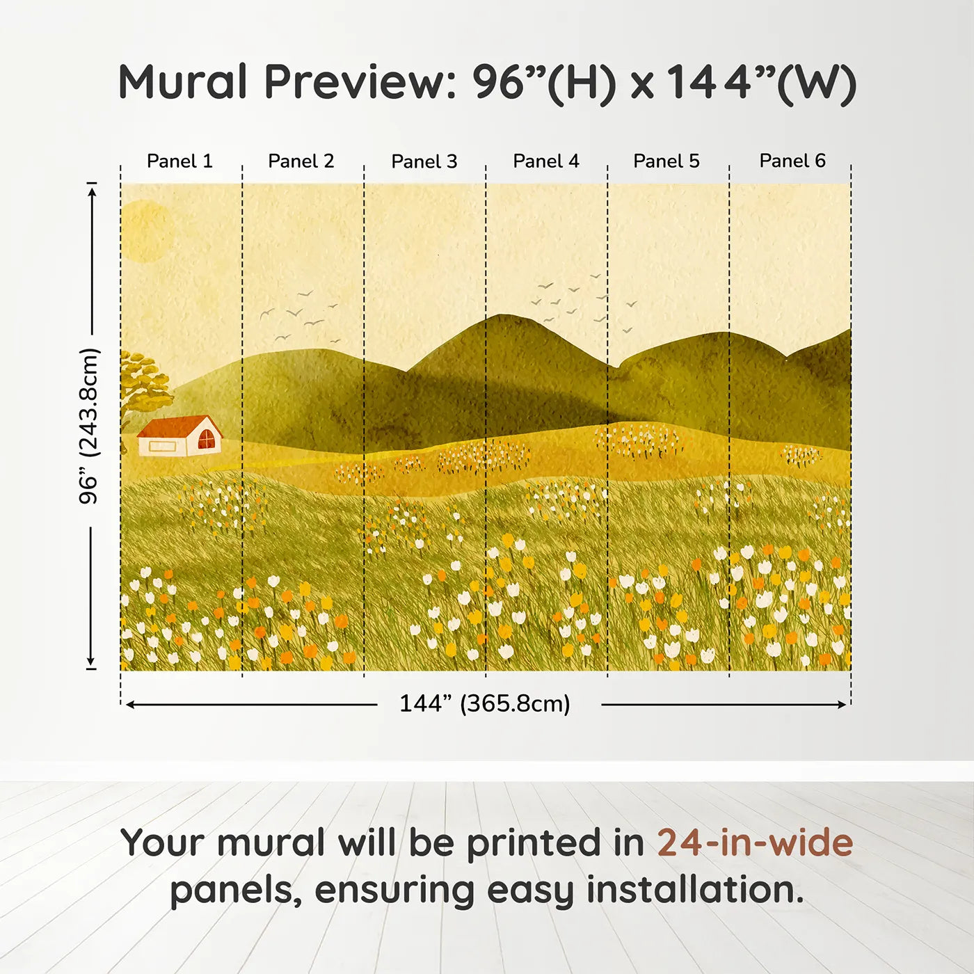 Whimsy Tots Golden Hills Flower Field Wall Muraldimension view (96" H x 144" W). Printed in six 24-inch-wide panels. Gender-Neutral