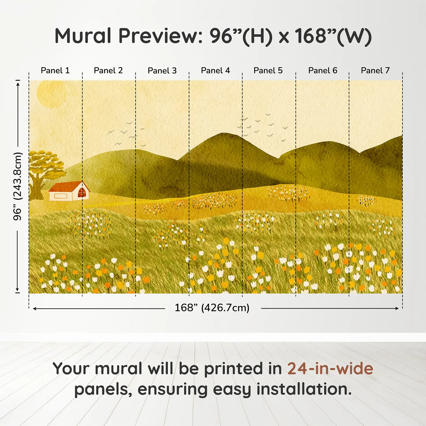 Whimsy Tots Golden Hills Flower Field Wall Muraldimension view (96" H x 168" W). Printed in seven 24-inch-wide panels. Gender-Neutral