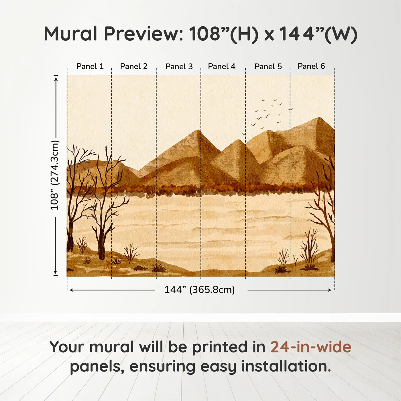 Whimsy Tots Desert Hills Watercolor Wall Muraldimension view (108" H x 144" W). Printed in six 24-inch-wide panels. Gender-Neutral