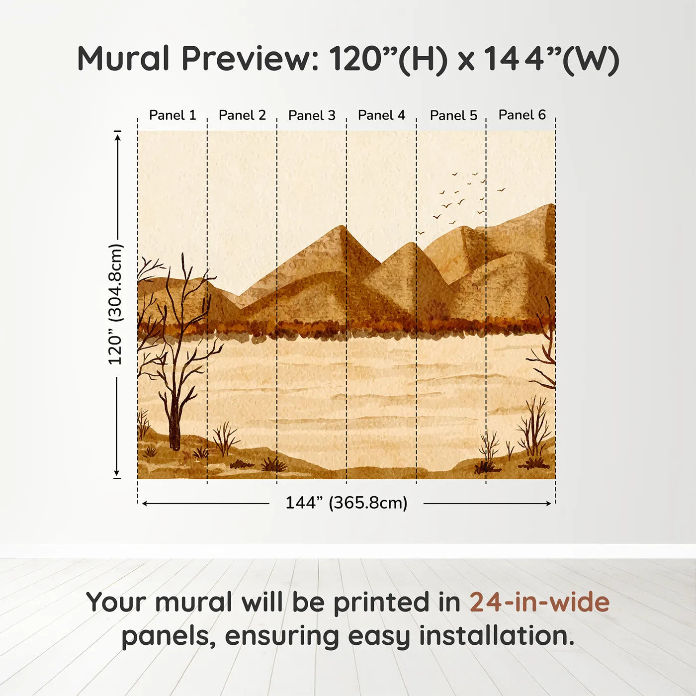 Whimsy Tots Desert Hills Watercolor Wall Muraldimension view (120" H x 144" W). Printed in six 24-inch-wide panels. Gender-Neutral