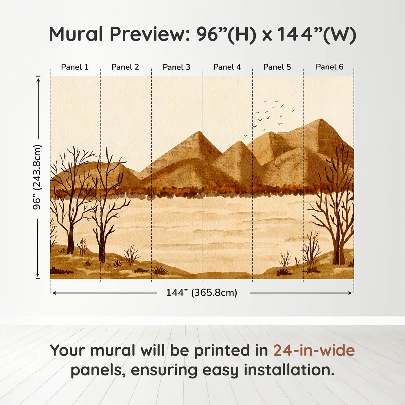 Whimsy Tots Desert Hills Watercolor Wall Muraldimension view (96" H x 144" W). Printed in six 24-inch-wide panels. Gender-Neutral