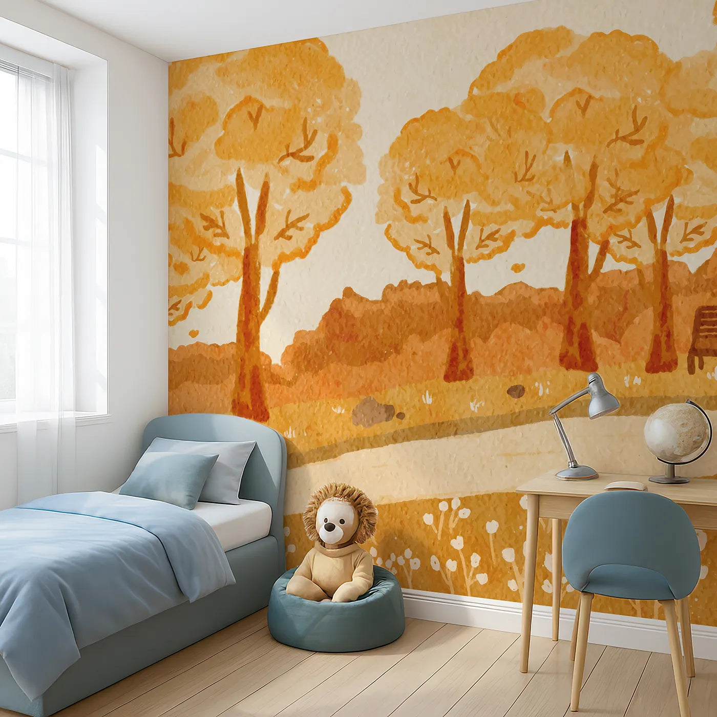 Angled view of Whimsy Tots' Autumn Park Watercolor Wall Mural (Turn Their Room into a Cozy Stroll Through an Autumn Park).Gender-Neutral