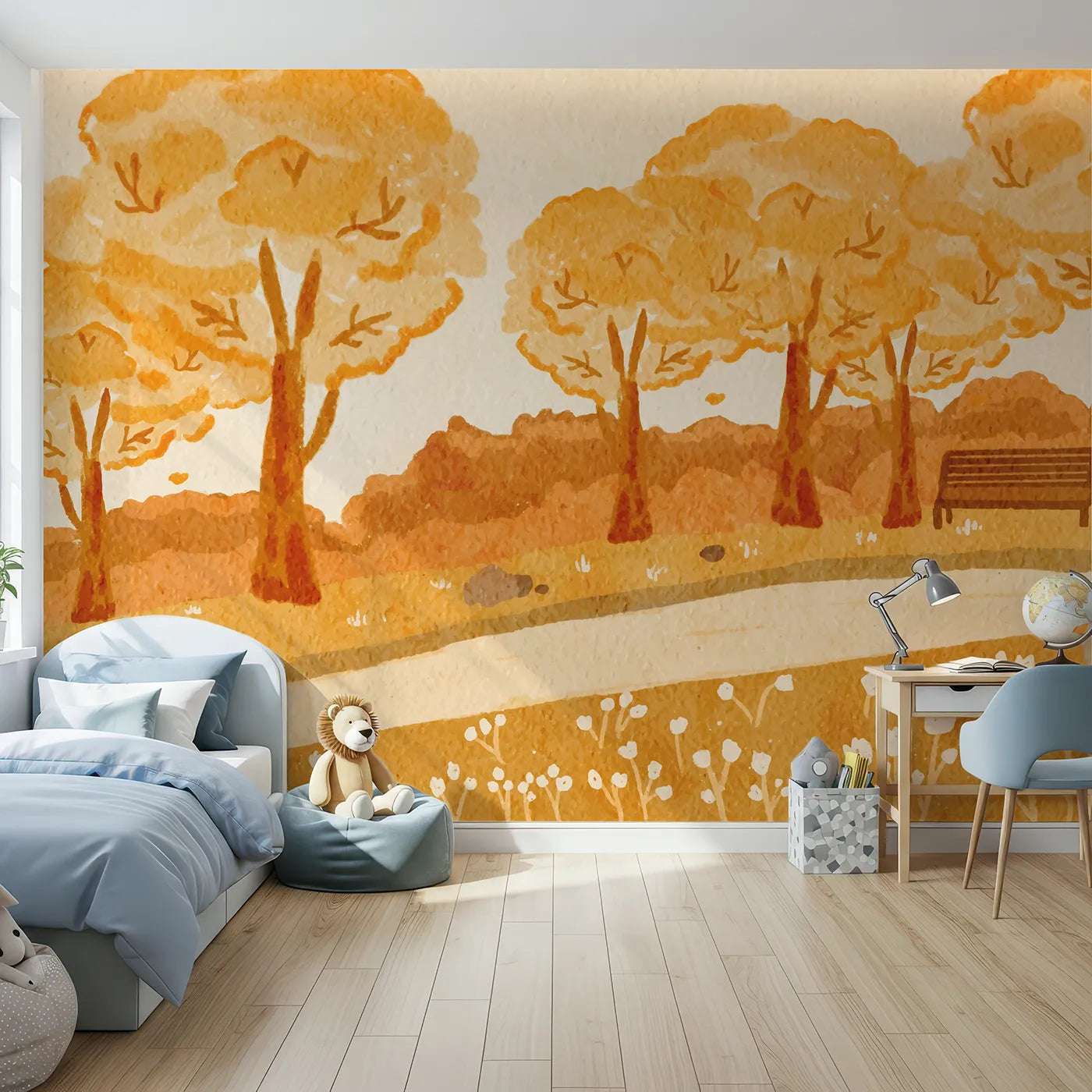 Front view of Whimsy Tots' Autumn Park Watercolor Wall Mural