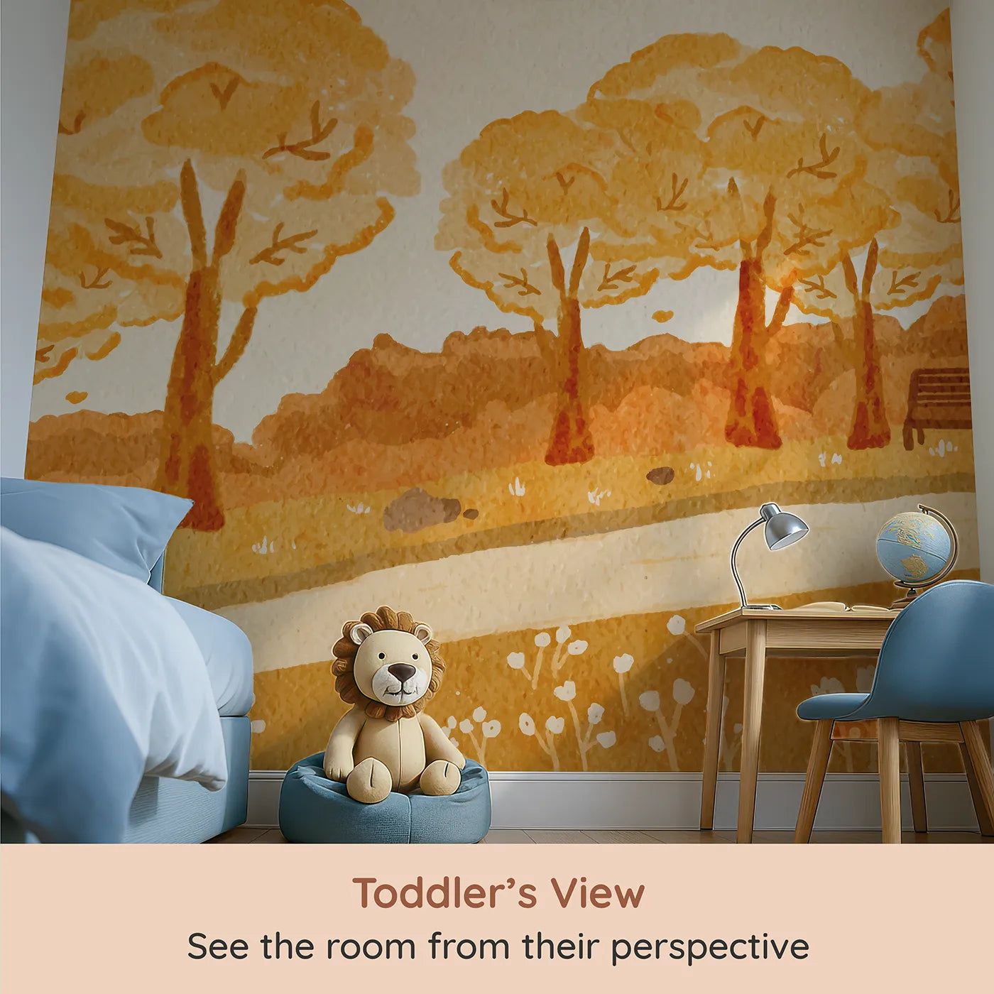 Whimsy Tots Autumn Park Watercolor Wall Mural (Turn Their Room into a Cozy Stroll Through an Autumn Park) from your child's view.Gender-Neutral