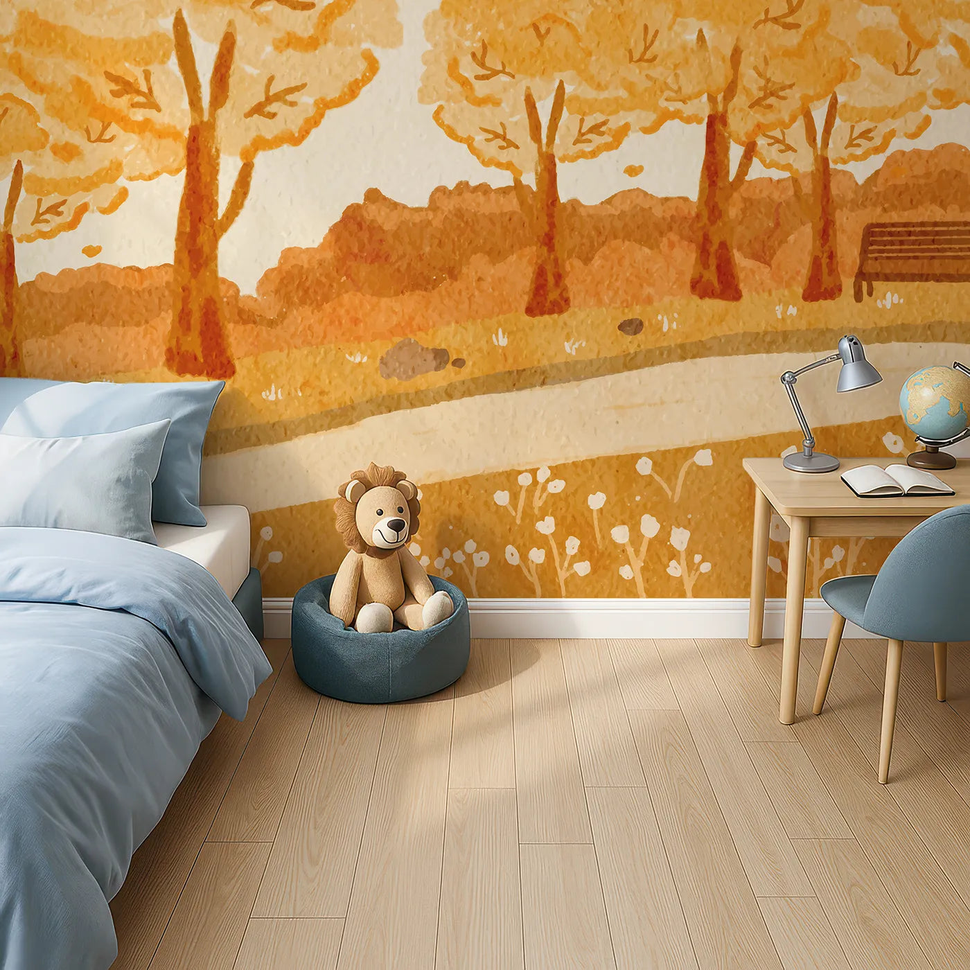 Top-down view of Whimsy Tots' Autumn Park Watercolor Wall Mural (Turn Their Room into a Cozy Stroll Through an Autumn Park).Gender-Neutral
