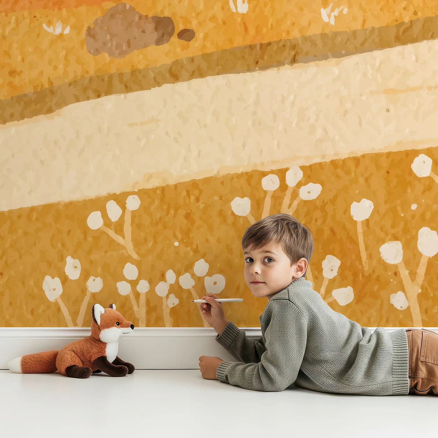 Child in front of Whimsy Tots Autumn Park Watercolor Wall Mural with autumn, park, watercolor, landscape, tree, orange, path, fall in design.