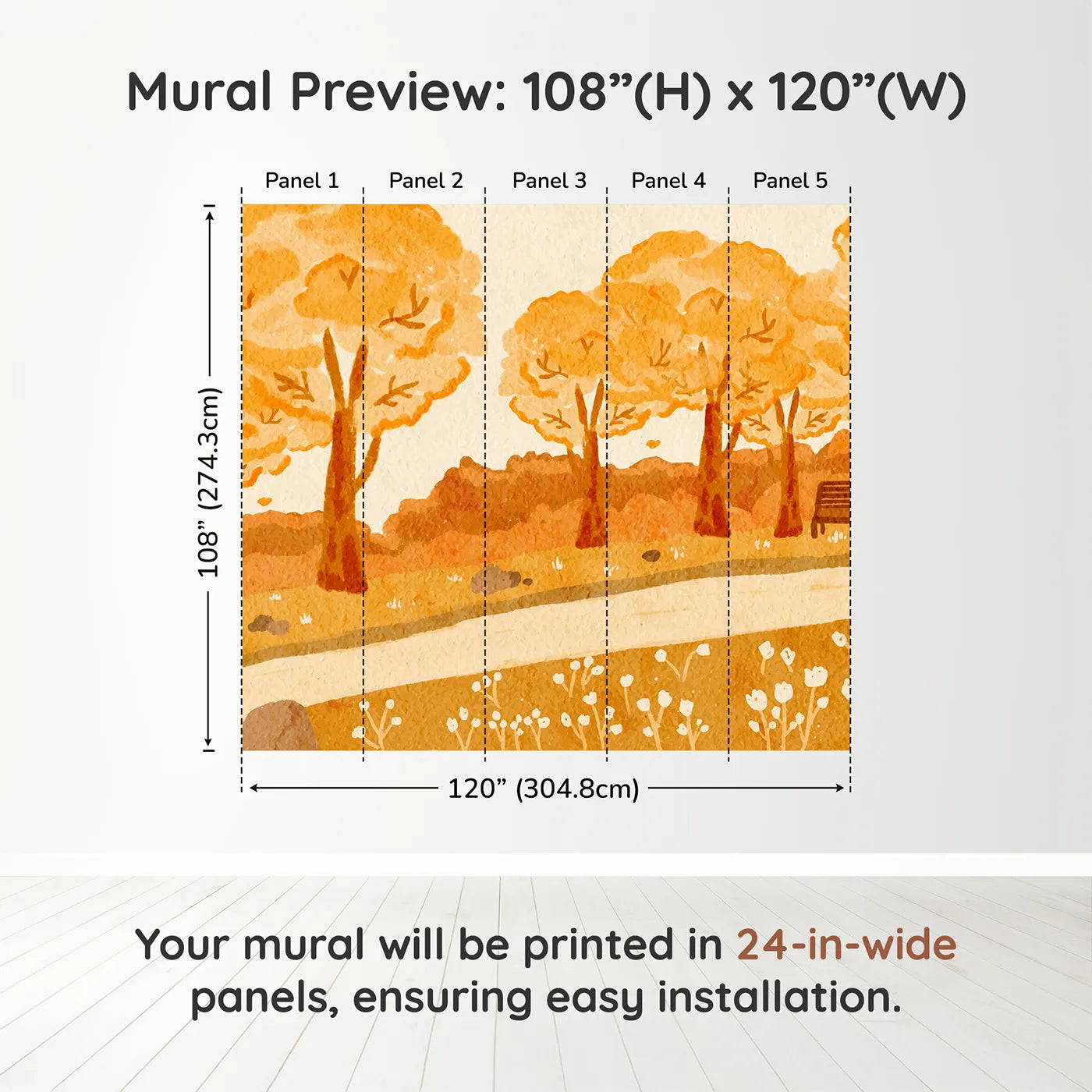 Whimsy Tots Autumn Park Watercolor Wall Muraldimension view (108" H x 120" W). Printed in five 24-inch-wide panels. Gender-Neutral