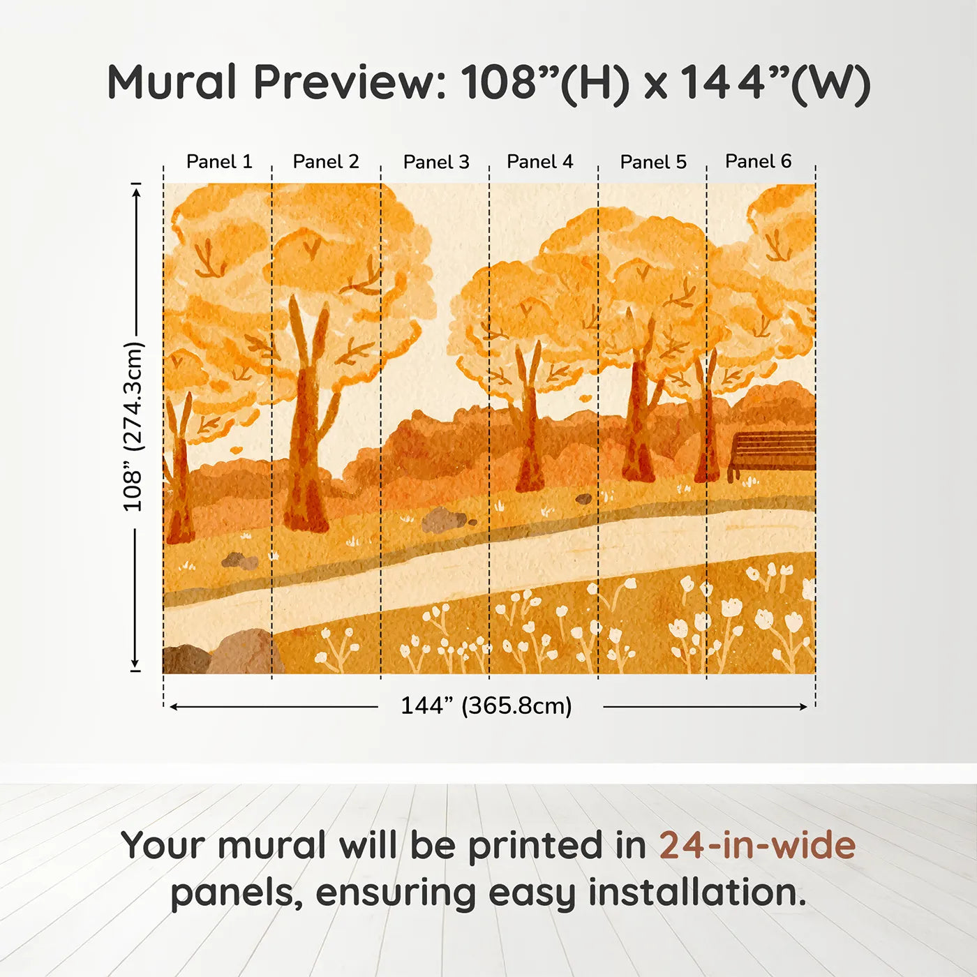 Whimsy Tots Autumn Park Watercolor Wall Muraldimension view (108" H x 144" W). Printed in six 24-inch-wide panels. Gender-Neutral