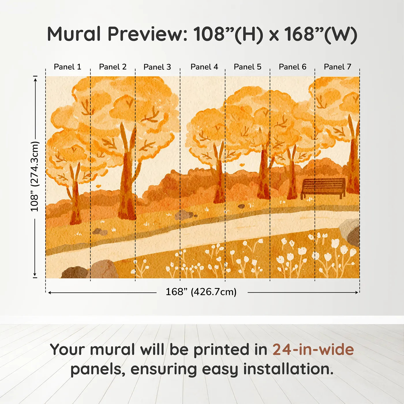 Whimsy Tots Autumn Park Watercolor Wall Muraldimension view (108" H x 168" W). Printed in seven 24-inch-wide panels. Gender-Neutral