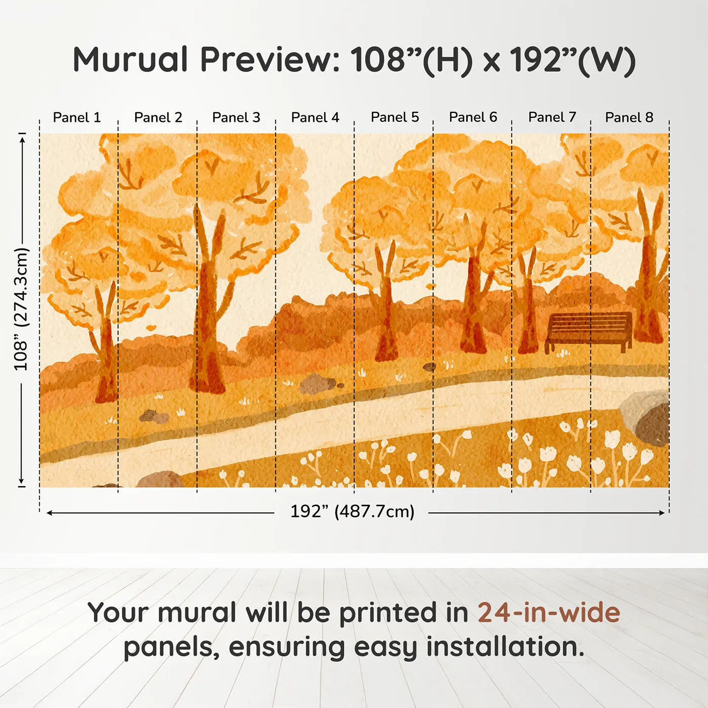 Whimsy Tots Autumn Park Watercolor Wall Muraldimension view (108" H x 192" W). Printed in eight 24-inch-wide panels. Gender-Neutral