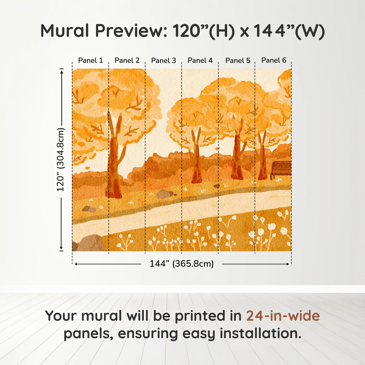 Whimsy Tots Autumn Park Watercolor Wall Muraldimension view (120" H x 144" W). Printed in six 24-inch-wide panels. Gender-Neutral