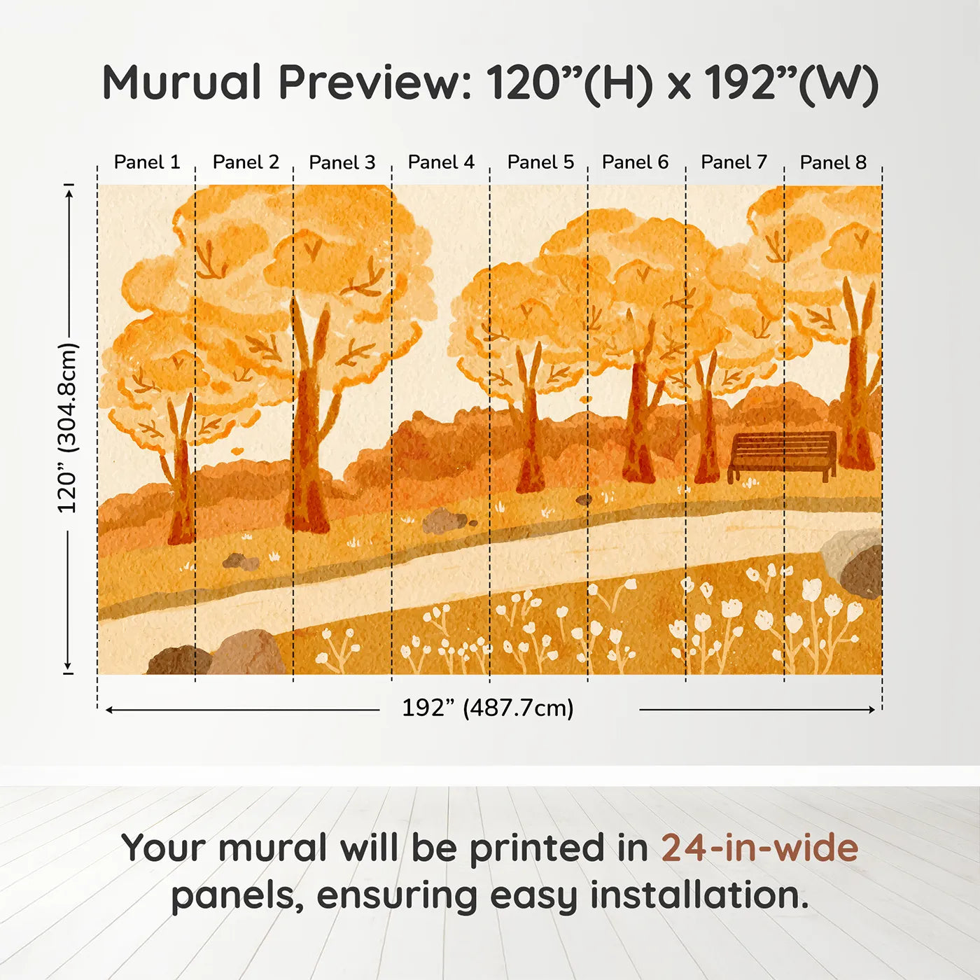Whimsy Tots Autumn Park Watercolor Wall Muraldimension view (120" H x 192" W). Printed in eight 24-inch-wide panels. Gender-Neutral
