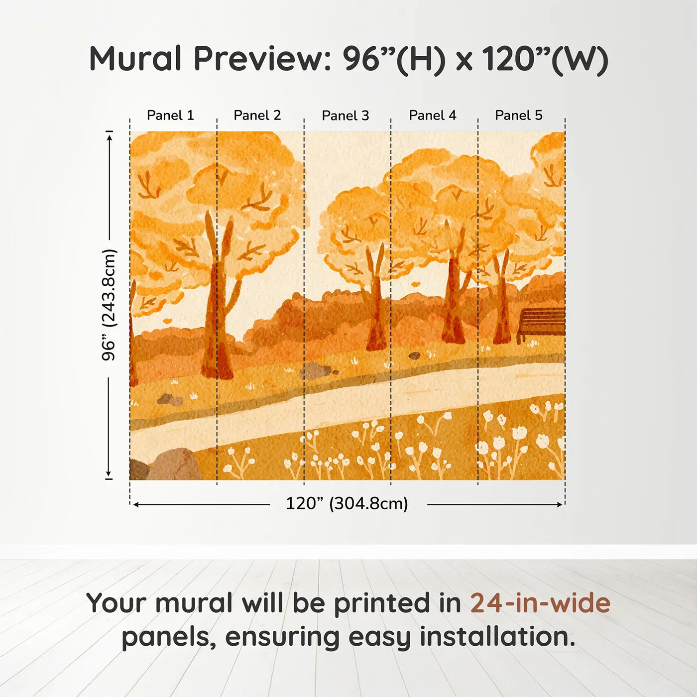 Whimsy Tots Autumn Park Watercolor Wall Muraldimension view (96" H x 120" W). Printed in five 24-inch-wide panels. Gender-Neutral