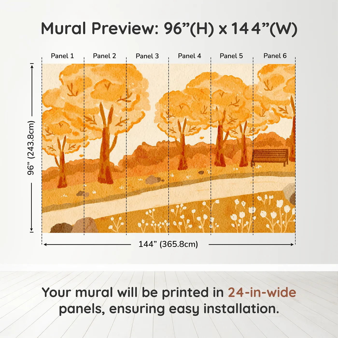 Whimsy Tots Autumn Park Watercolor Wall Muraldimension view (96" H x 144" W). Printed in six 24-inch-wide panels. Gender-Neutral