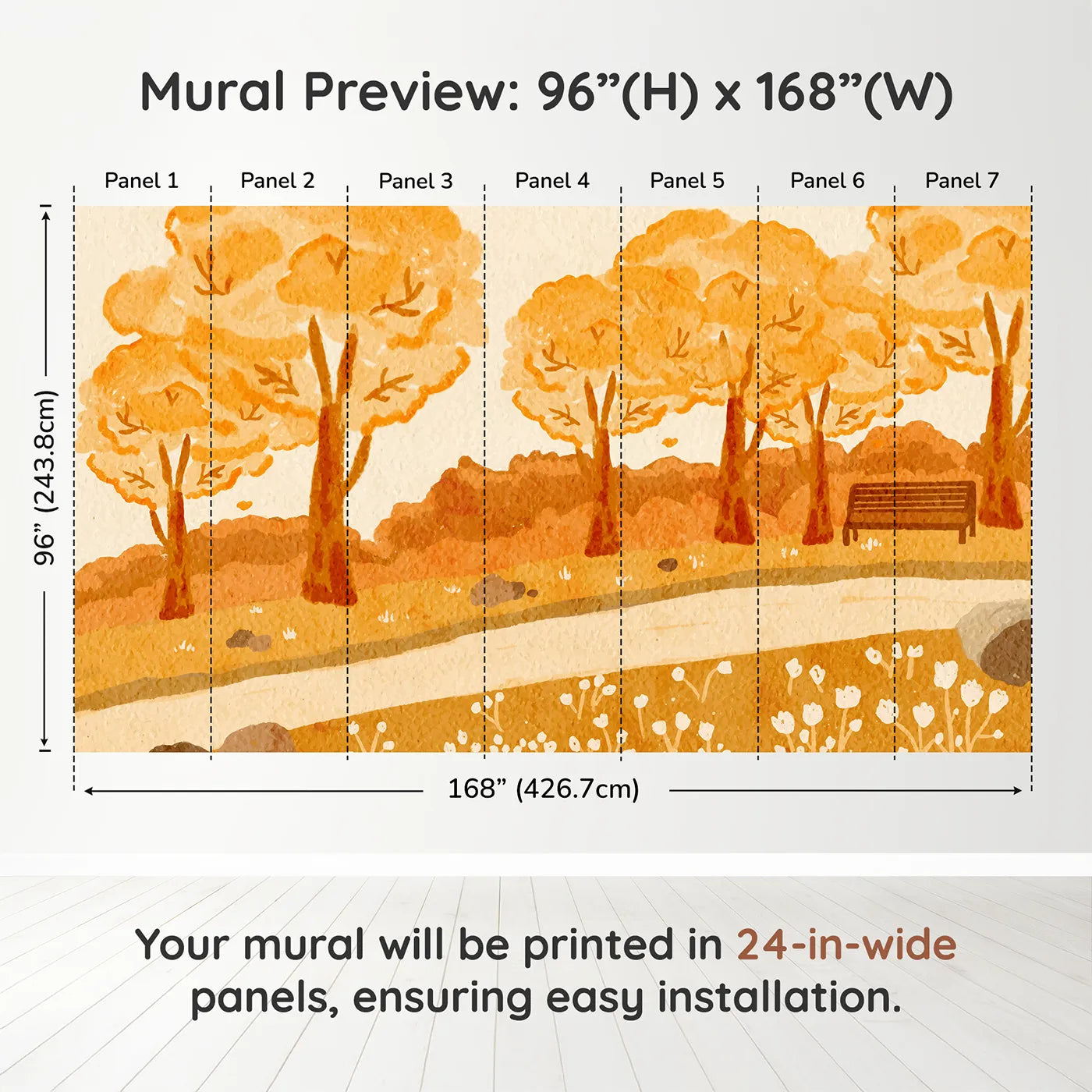 Whimsy Tots Autumn Park Watercolor Wall Muraldimension view (96" H x 168" W). Printed in seven 24-inch-wide panels. Gender-Neutral