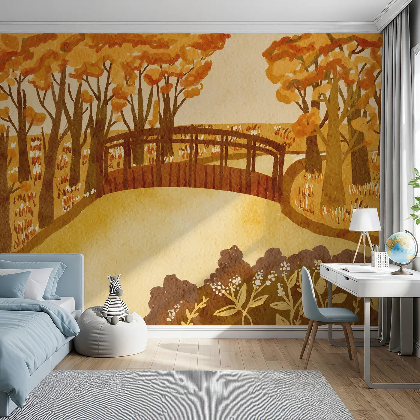 Front view of Whimsy Tots' Autumn Bridge Watercolor Wall Mural