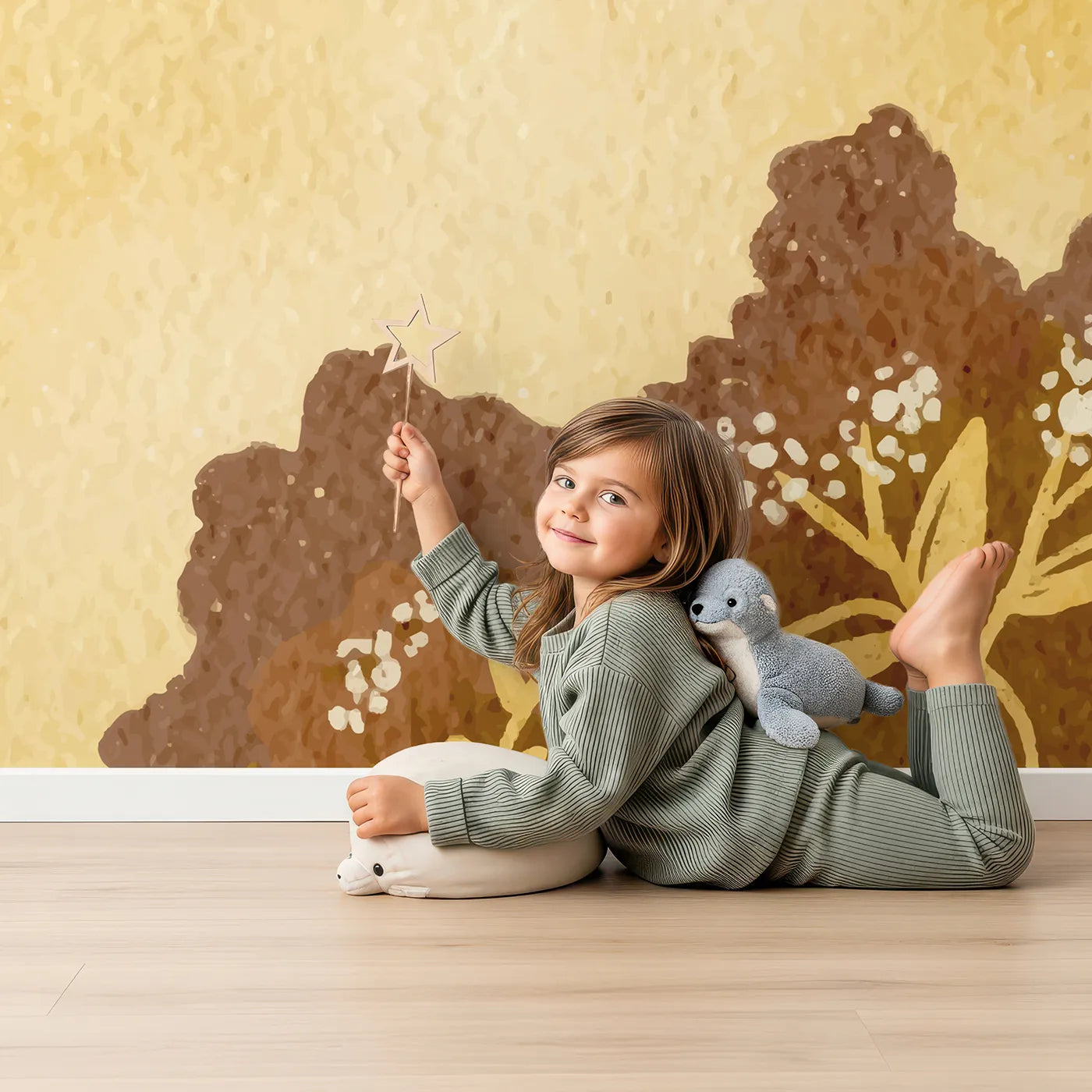 Child in front of Whimsy Tots Autumn Bridge Watercolor Wall Mural with autumn, bridge, forest, watercolor, landscape, tree, orange, fall in design.