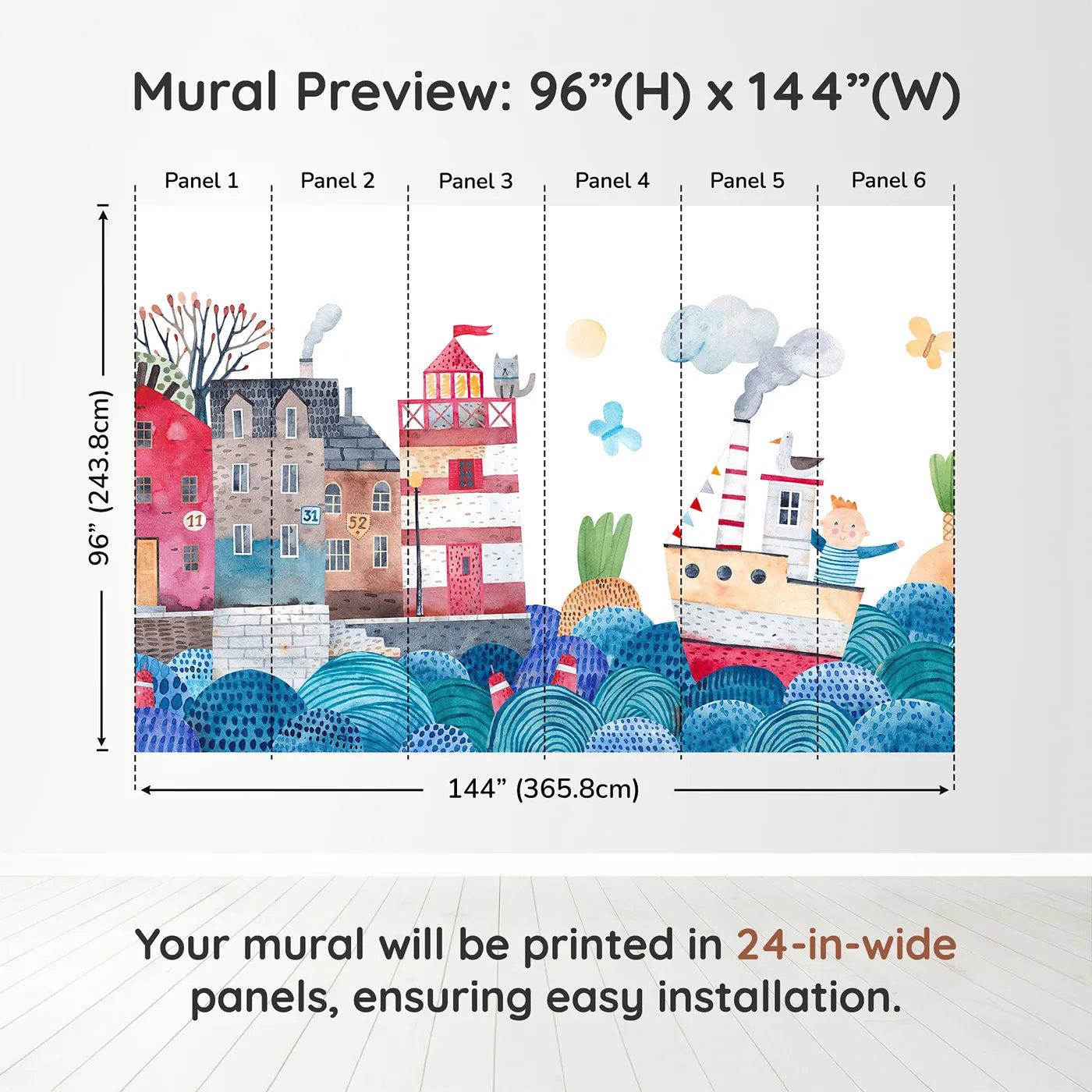 Whimsy Tots Watercolor Harbor Adventure Wall Muraldimension view (96" H x 144" W). Printed in six 24-inch-wide panels. Gender-Neutral