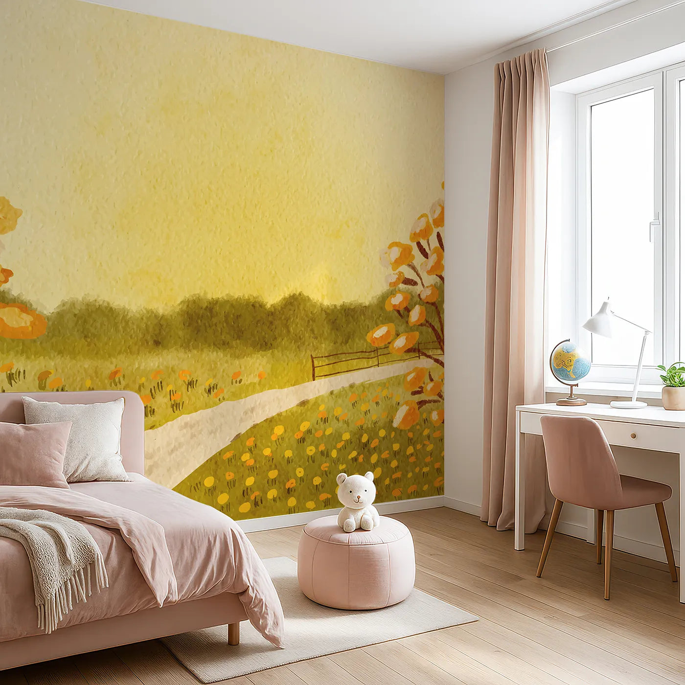 Angled view of Whimsy Tots' Golden Meadow Path Wall Mural (Turn Their Room into a Walk Through a Field of Gold).Gender-Neutral