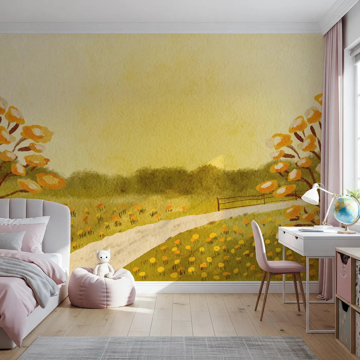 Front view of Whimsy Tots' Golden Meadow Path Wall Mural