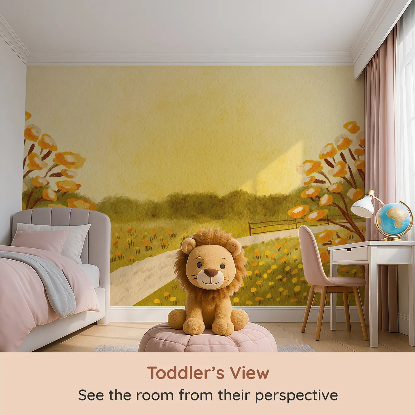 Whimsy Tots Golden Meadow Path Wall Mural (Turn Their Room into a Walk Through a Field of Gold) from your child's view.Gender-Neutral