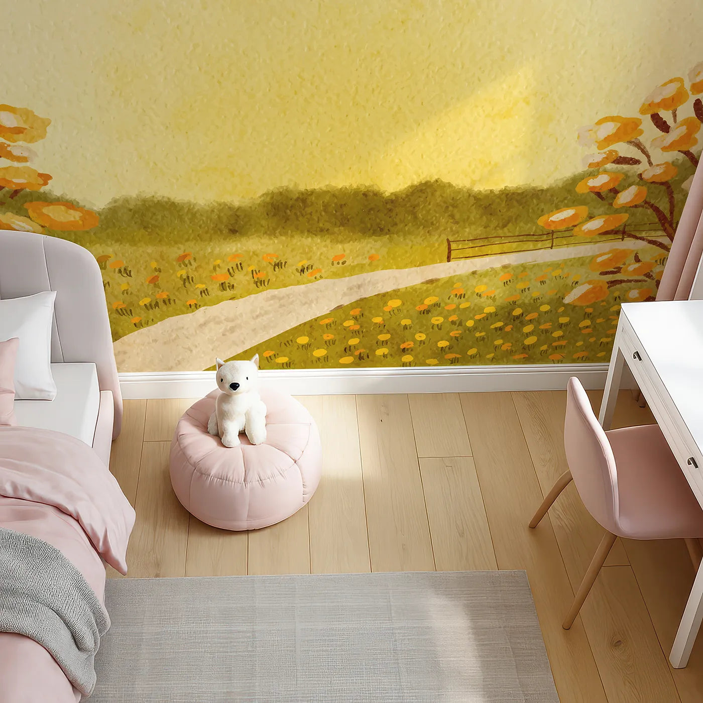 Top-down view of Whimsy Tots' Golden Meadow Path Wall Mural (Turn Their Room into a Walk Through a Field of Gold).Gender-Neutral
