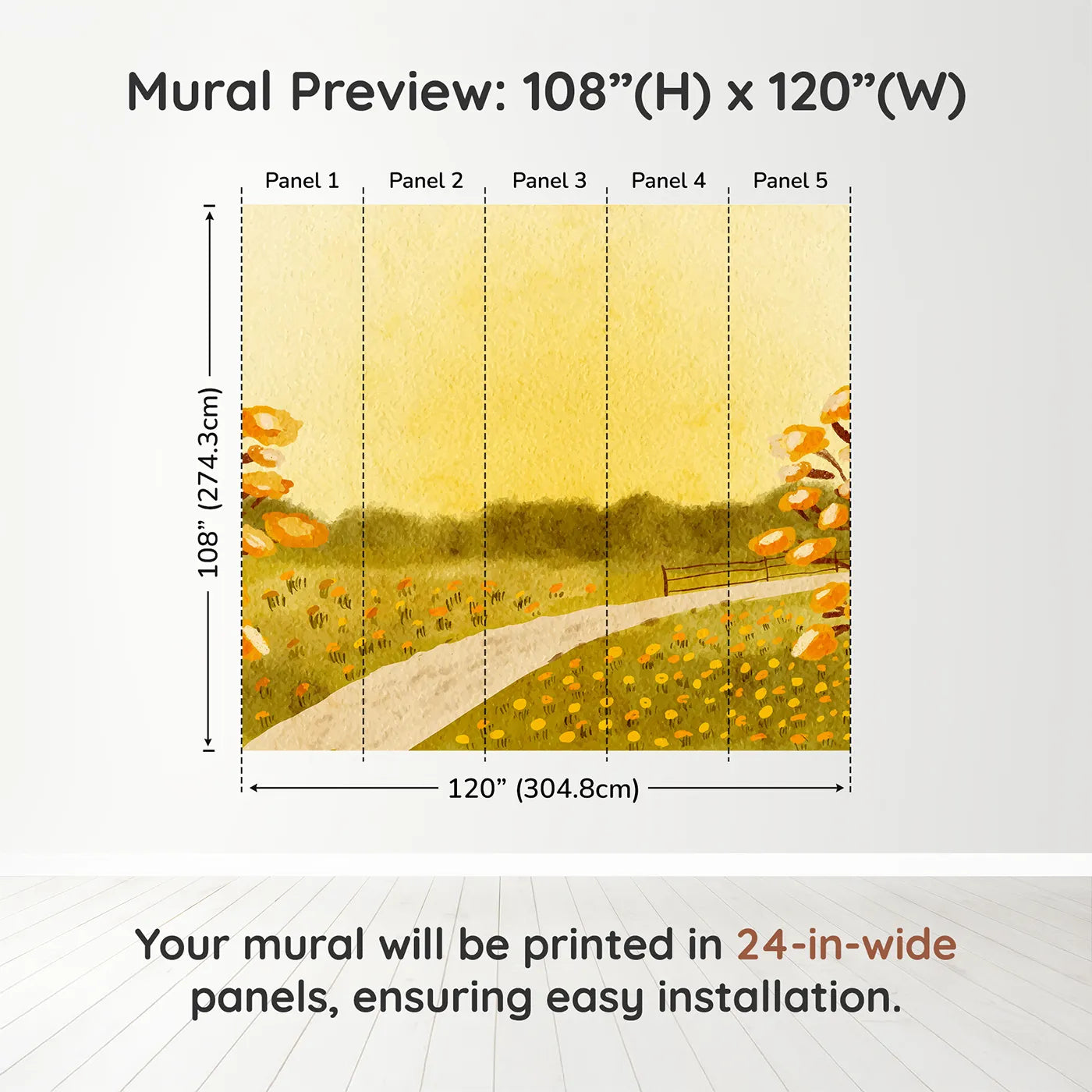 Whimsy Tots Golden Meadow Path Wall Muraldimension view (108" H x 120" W). Printed in five 24-inch-wide panels. Gender-Neutral