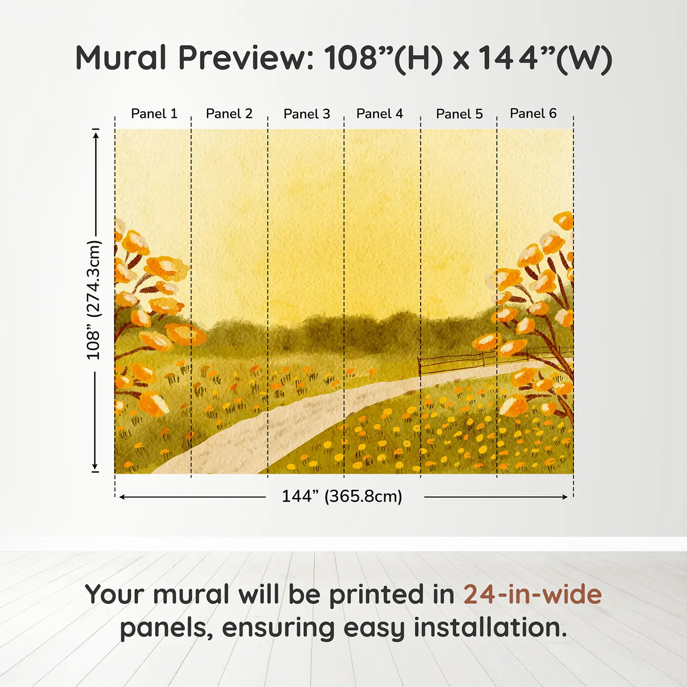 Whimsy Tots Golden Meadow Path Wall Muraldimension view (108" H x 144" W). Printed in six 24-inch-wide panels. Gender-Neutral