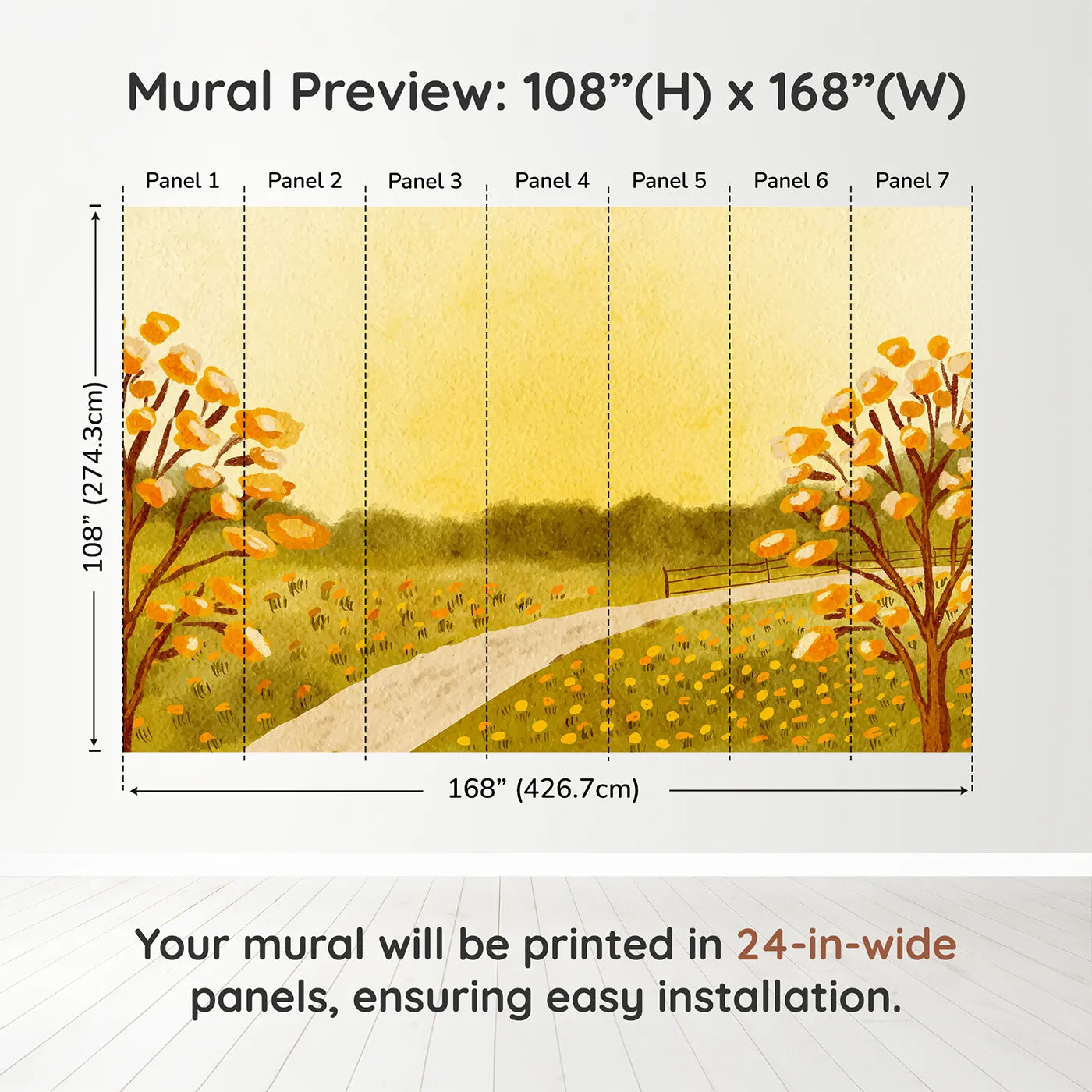 Whimsy Tots Golden Meadow Path Wall Muraldimension view (108" H x 168" W). Printed in seven 24-inch-wide panels. Gender-Neutral