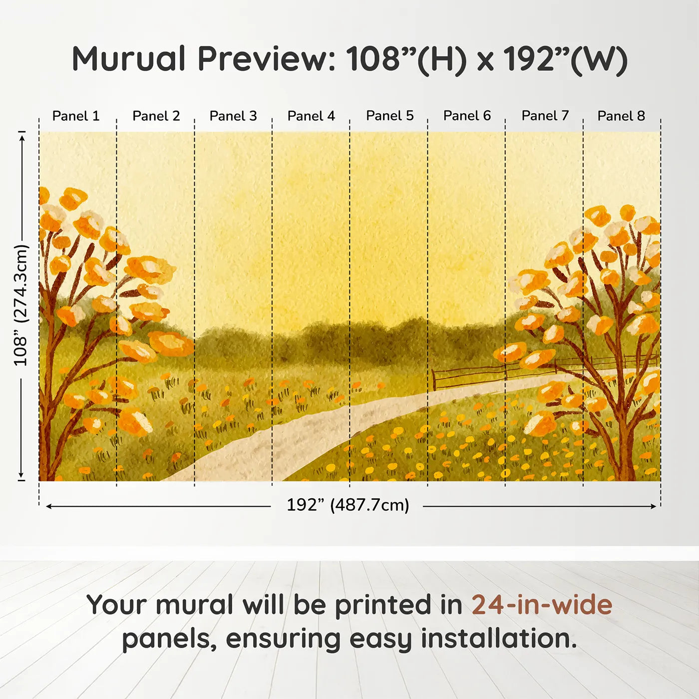 Whimsy Tots Golden Meadow Path Wall Muraldimension view (108" H x 192" W). Printed in eight 24-inch-wide panels. Gender-Neutral