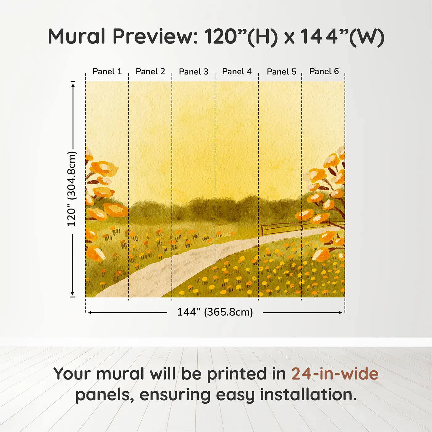 Whimsy Tots Golden Meadow Path Wall Muraldimension view (120" H x 144" W). Printed in six 24-inch-wide panels. Gender-Neutral