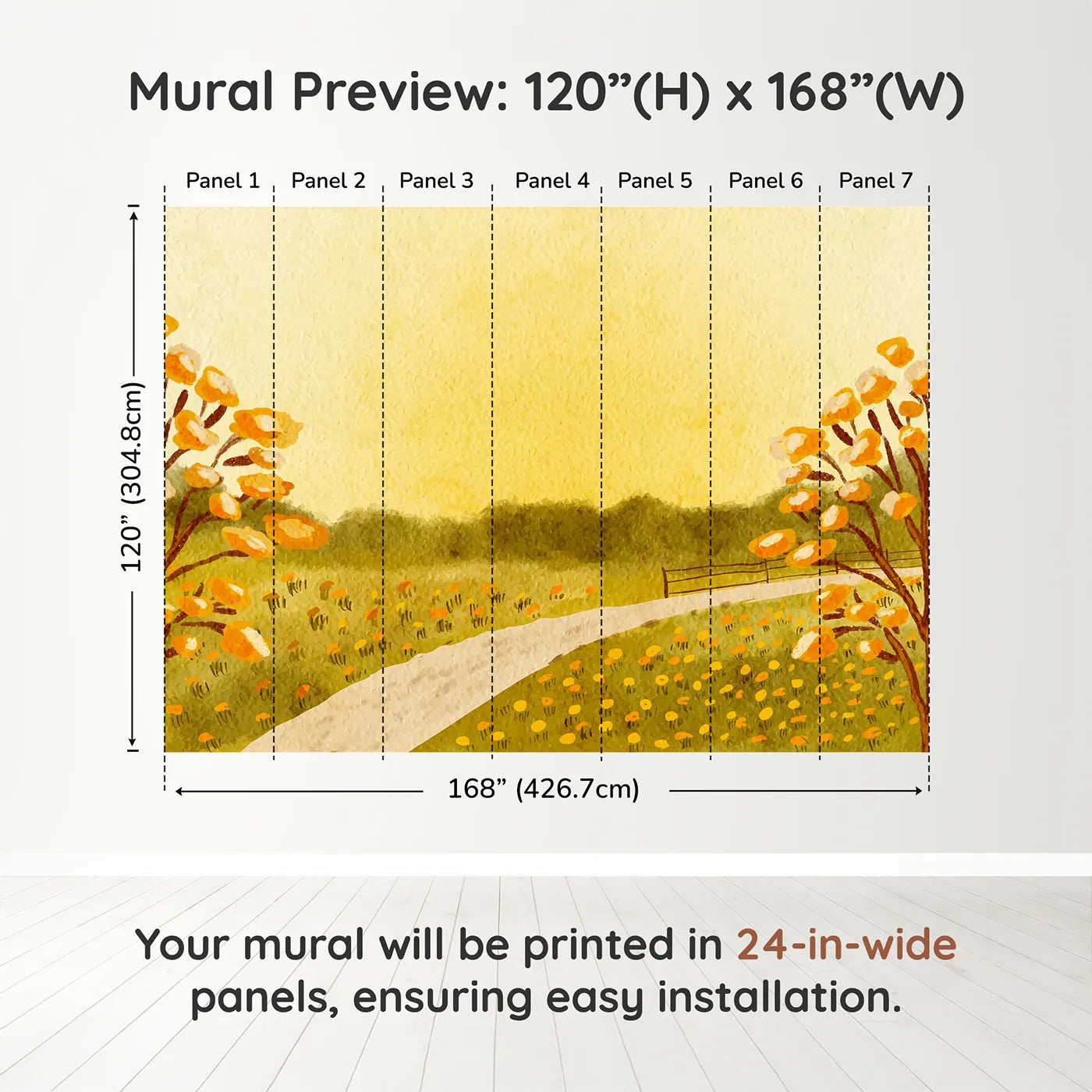 Whimsy Tots Golden Meadow Path Wall Muraldimension view (120" H x 168" W). Printed in seven 24-inch-wide panels. Gender-Neutral